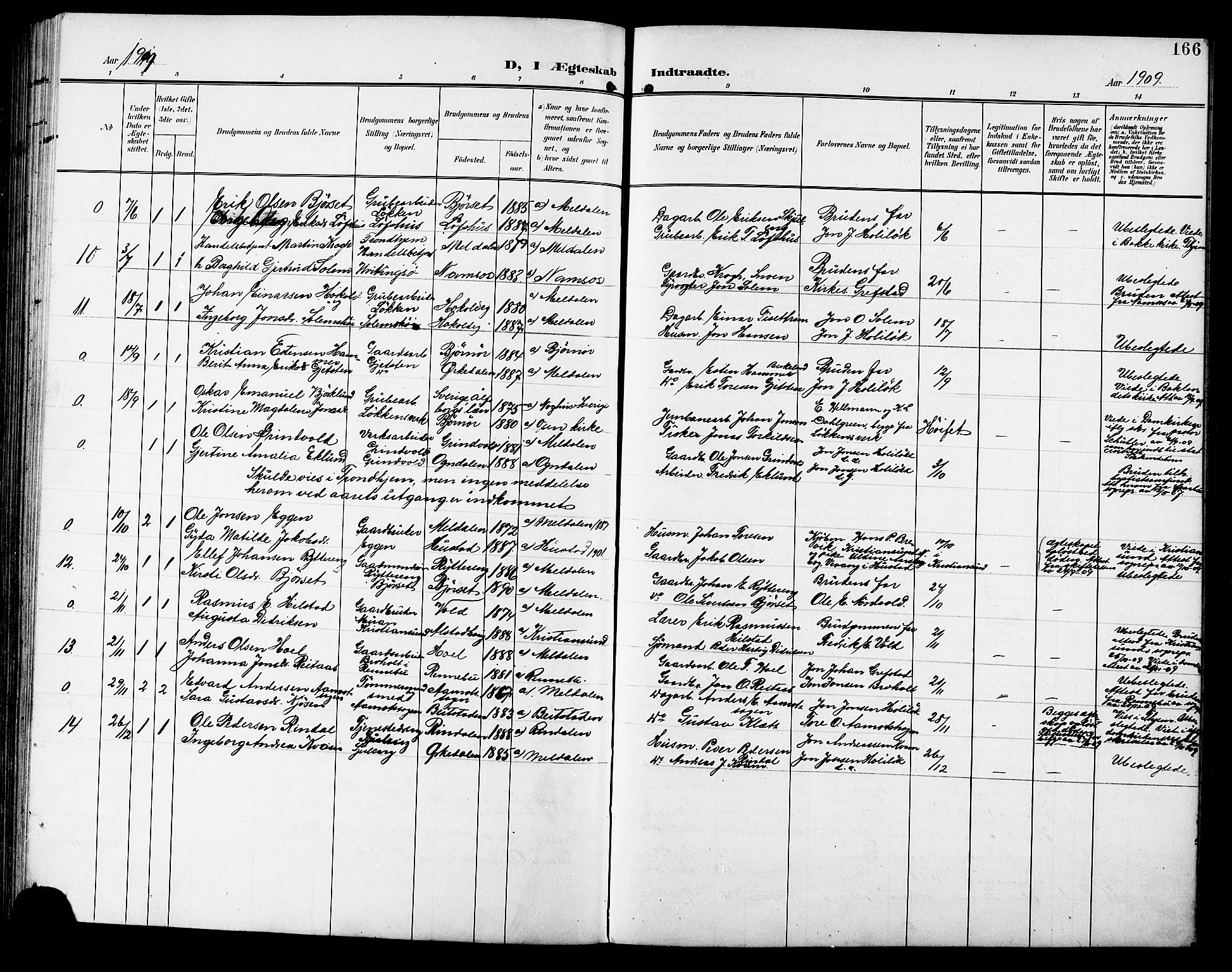 Ministerialprotokoller, klokkerbøker og fødselsregistre - Sør-Trøndelag, SAT/A-1456/672/L0864: Klokkerbok nr. 672C03, 1902-1914, s. 166