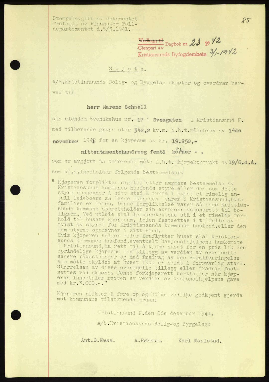 Kristiansund byfogd, AV/SAT-A-4587/A/27: Pantebok nr. 34, 1941-1945, Dagboknr: 23/1942