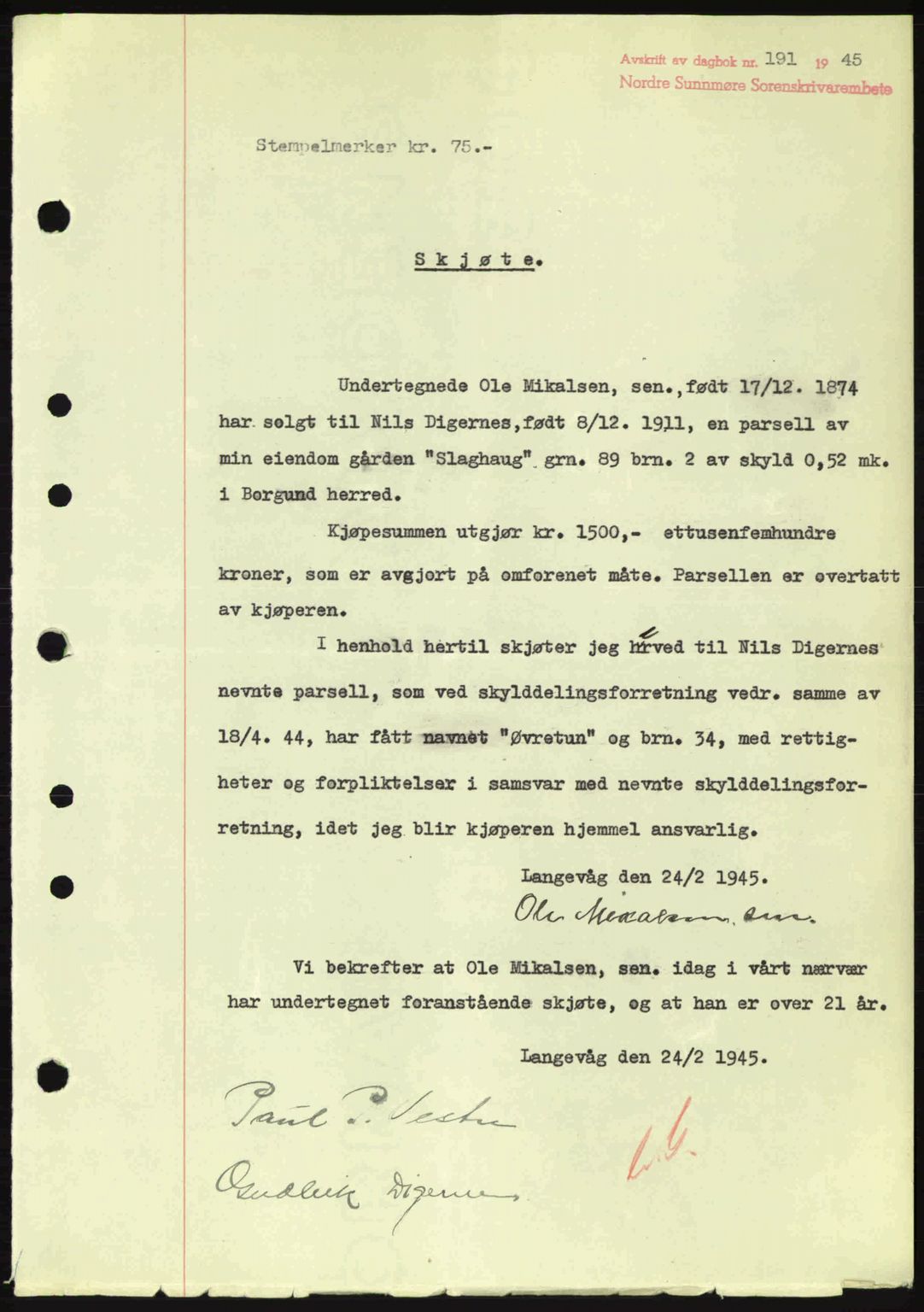 Nordre Sunnmøre sorenskriveri, SAT/A-0006/1/2/2C/2Ca: Pantebok nr. A19, 1944-1945, Dagboknr: 191/1945