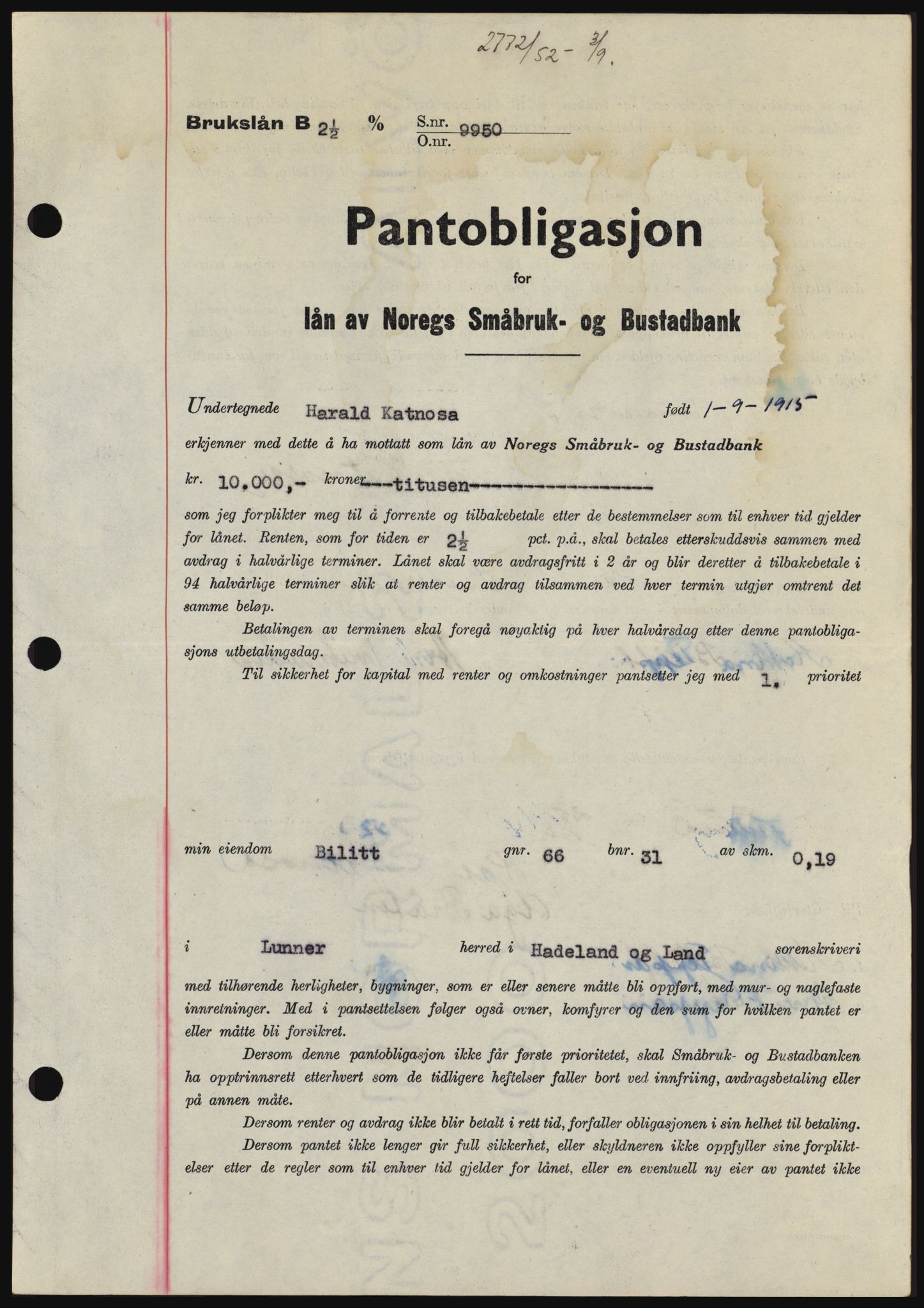 Hadeland og Land tingrett, SAH/TING-010/H/Hb/Hbc/L0024: Pantebok nr. B24, 1952-1952, Dagboknr: 2772/1952