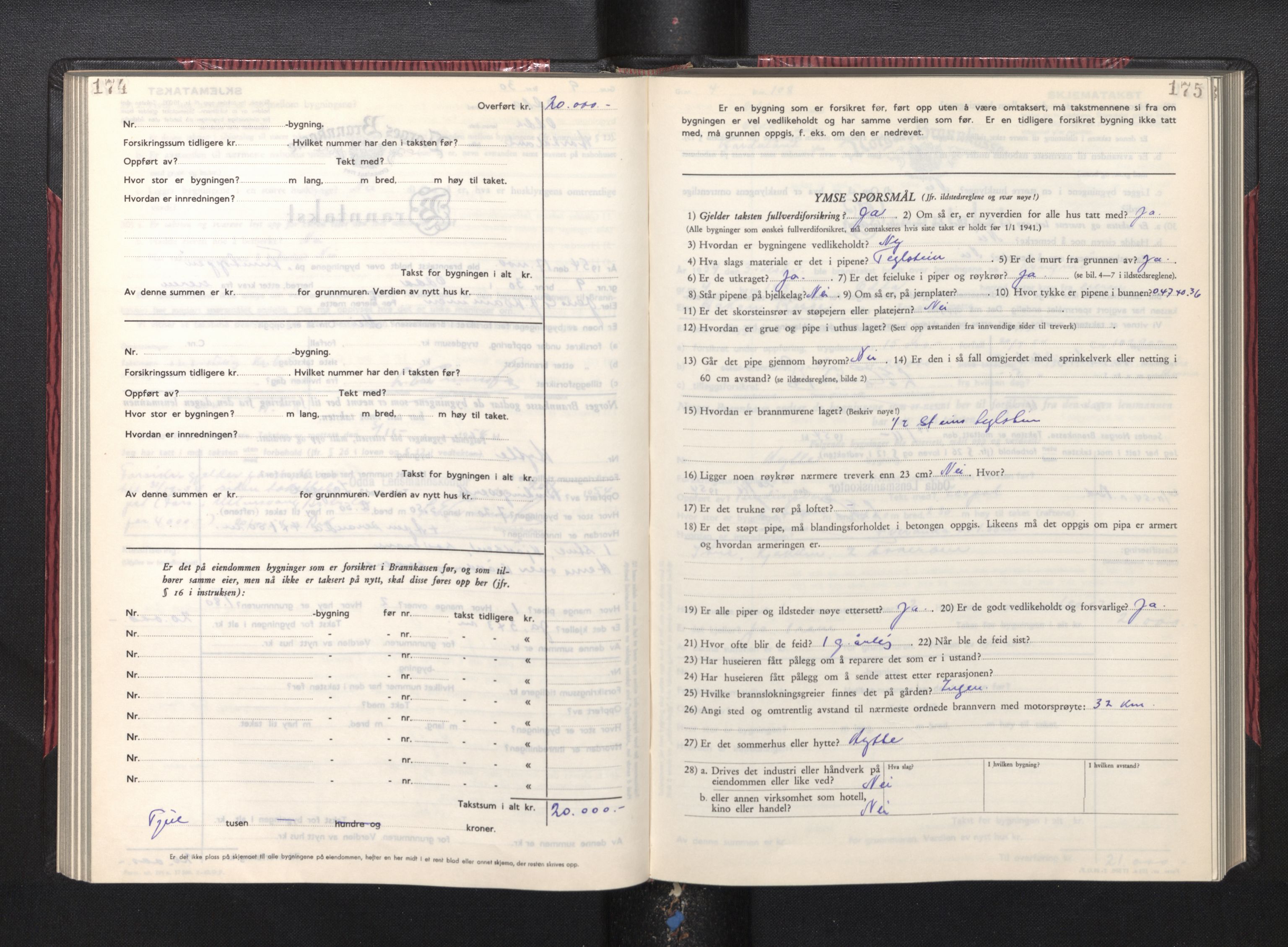 Lensmannen i Odda, AV/SAB-A-34001/0012/L0004: Branntakstprotokoll, skjematakst, 1950-1955, s. 174-175