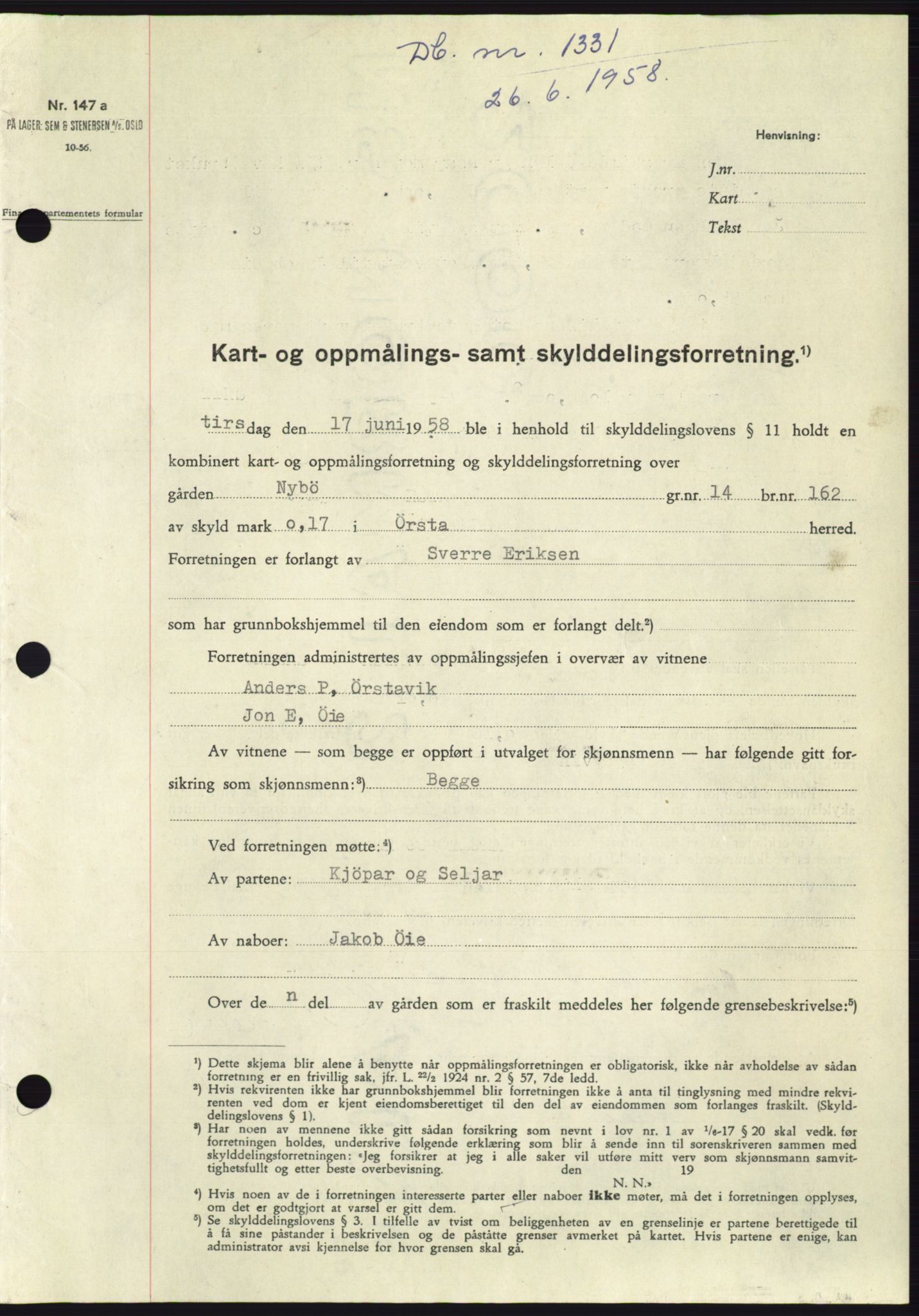 Søre Sunnmøre sorenskriveri, SAT/A-4122/1/2/2C/L0109: Pantebok nr. 35A, 1958-1958, Dagboknr: 1331/1958