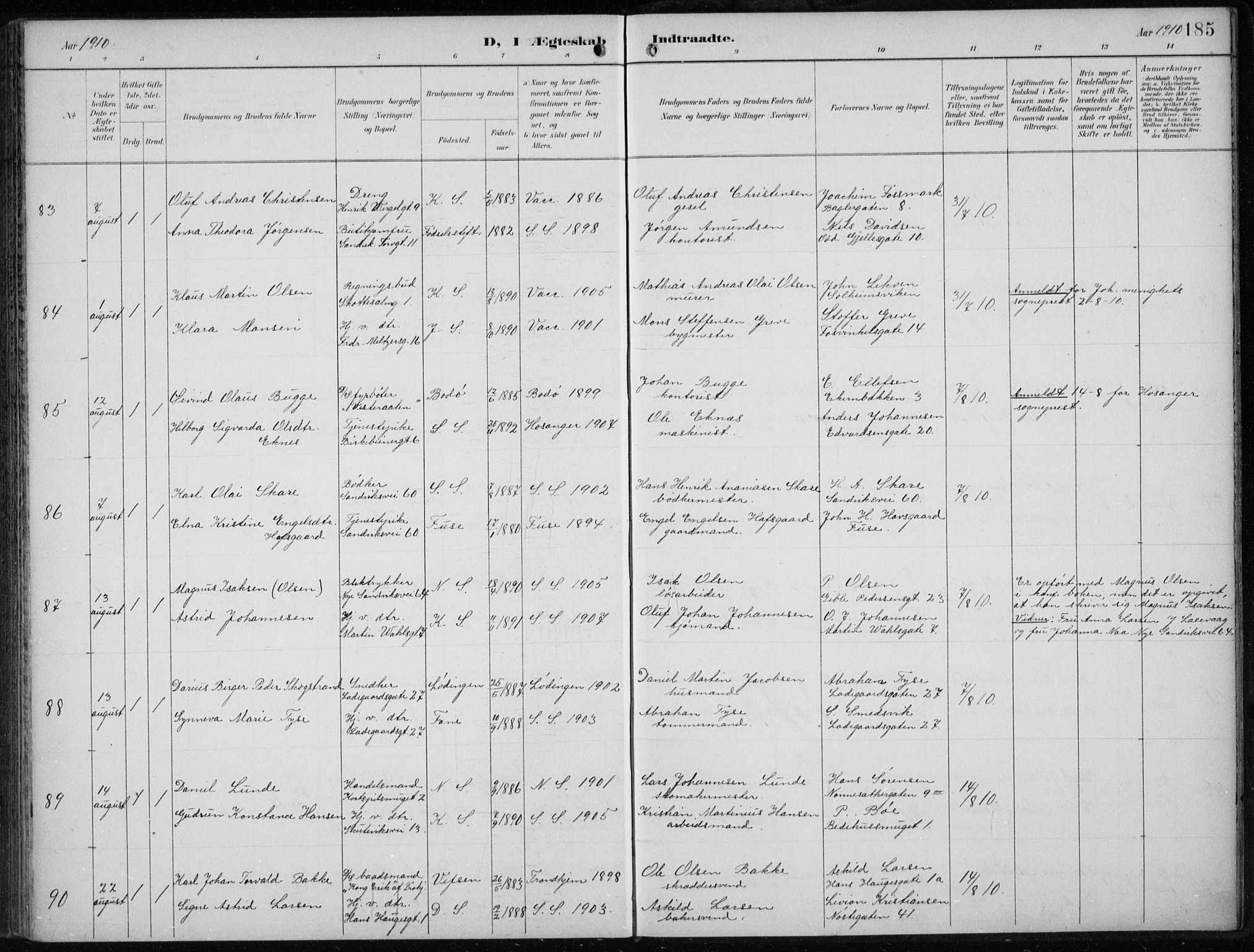 Sandviken Sokneprestembete, AV/SAB-A-77601/H/Ha/L0014: Ministerialbok nr. D 1, 1896-1911, s. 185