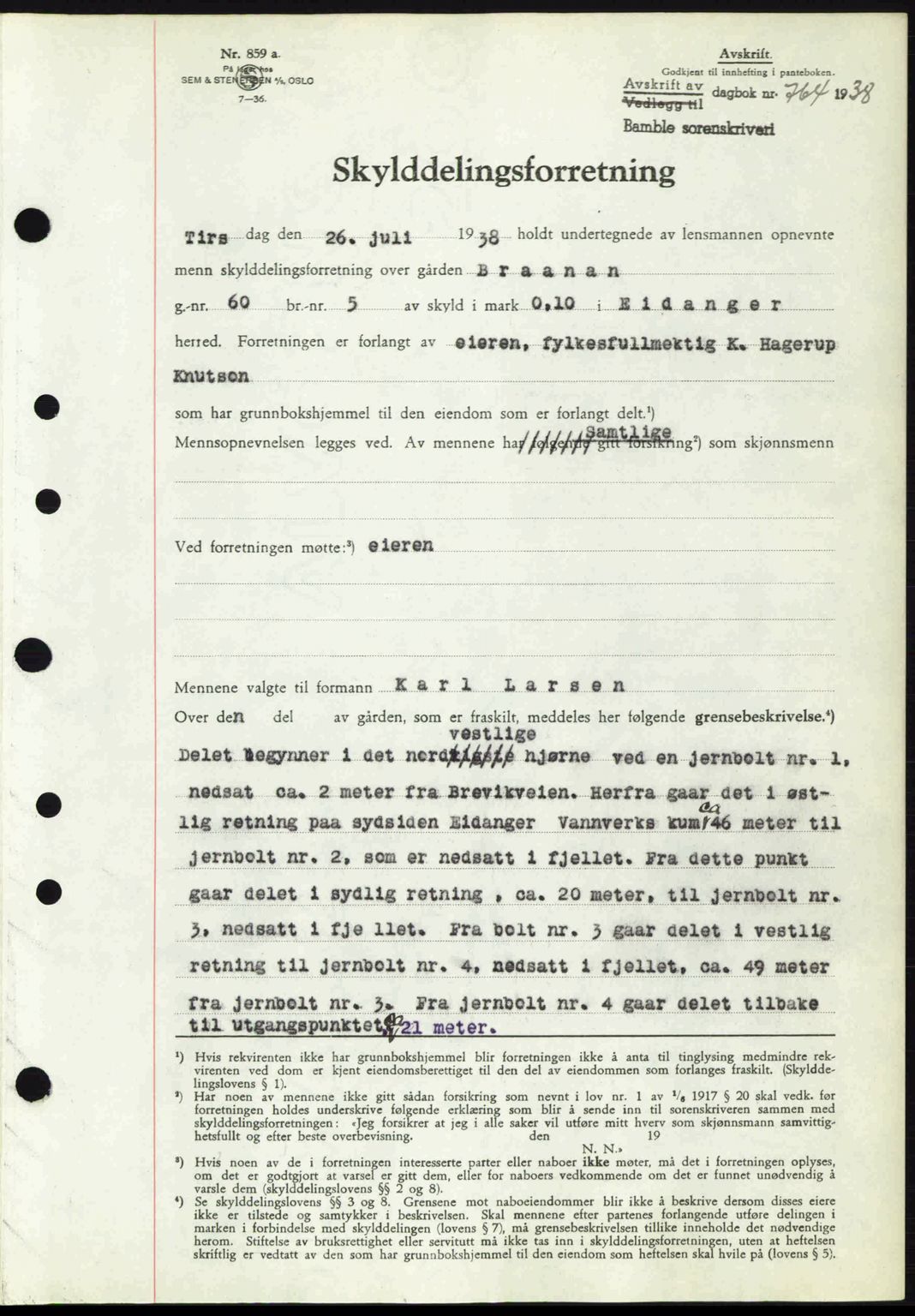 Bamble sorenskriveri, AV/SAKO-A-214/G/Ga/Gag/L0002: Pantebok nr. A-2, 1937-1938, Dagboknr: 764/1938