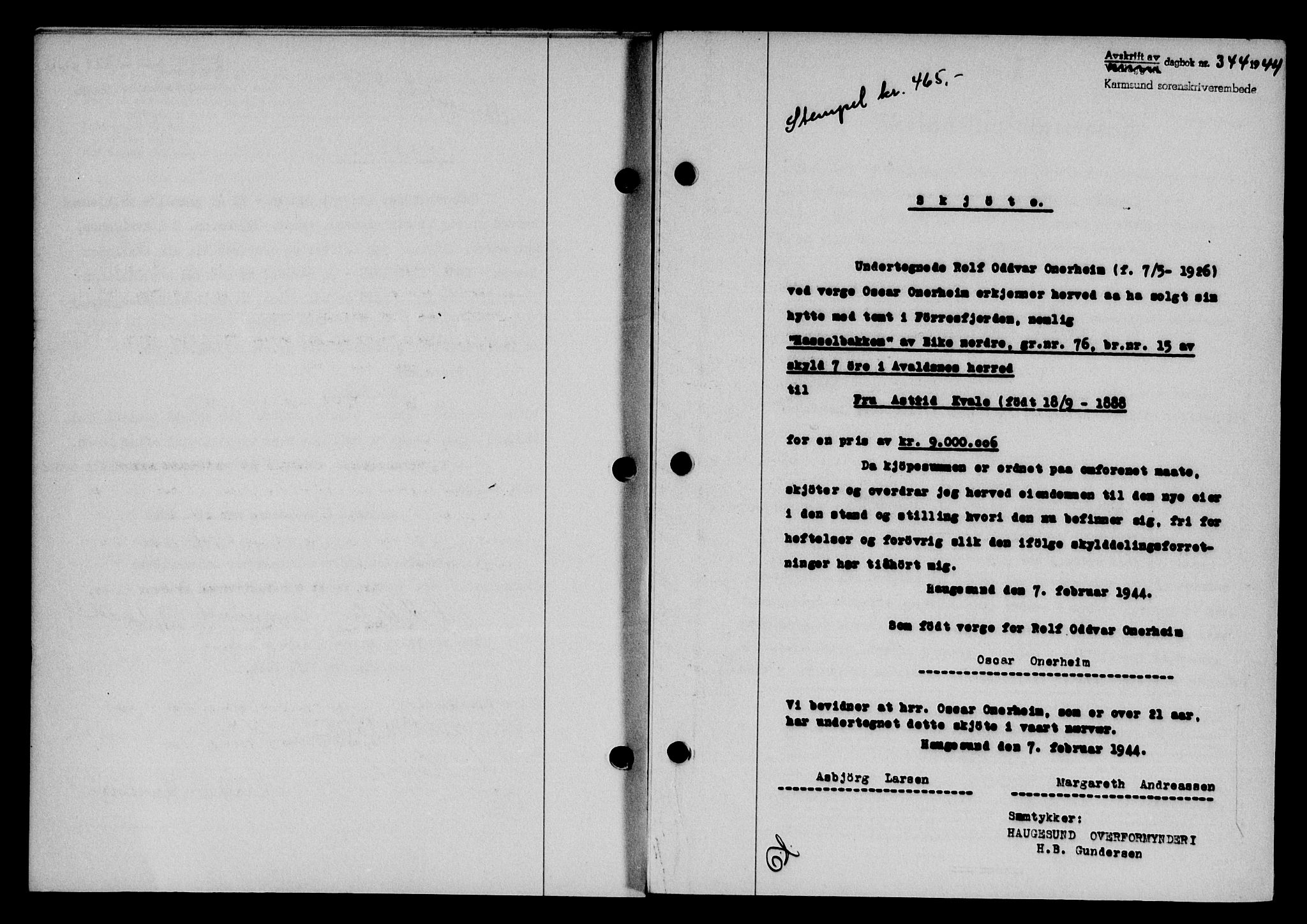 Karmsund sorenskriveri, SAST/A-100311/01/II/IIB/L0081: Pantebok nr. 62A, 1943-1944, Dagboknr: 344/1944