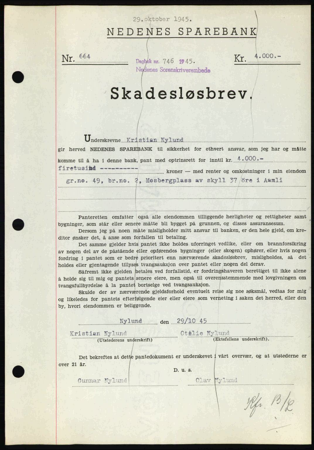 Nedenes sorenskriveri, SAK/1221-0006/G/Gb/Gbb/L0003: Pantebok nr. B3a, 1945-1945, Dagboknr: 746/1945