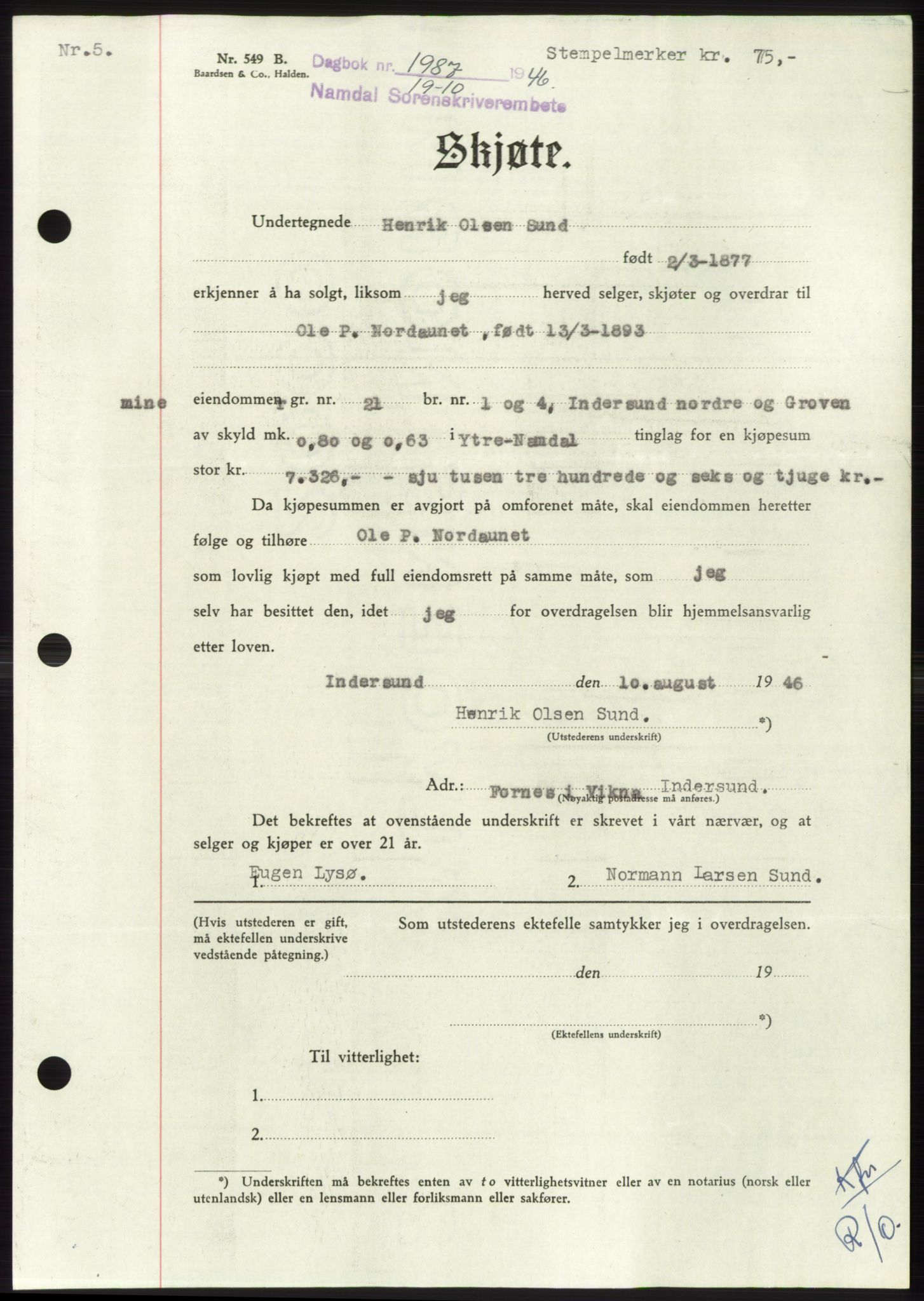 Namdal sorenskriveri, SAT/A-4133/1/2/2C: Pantebok nr. -, 1946-1947, Dagboknr: 1987/1946