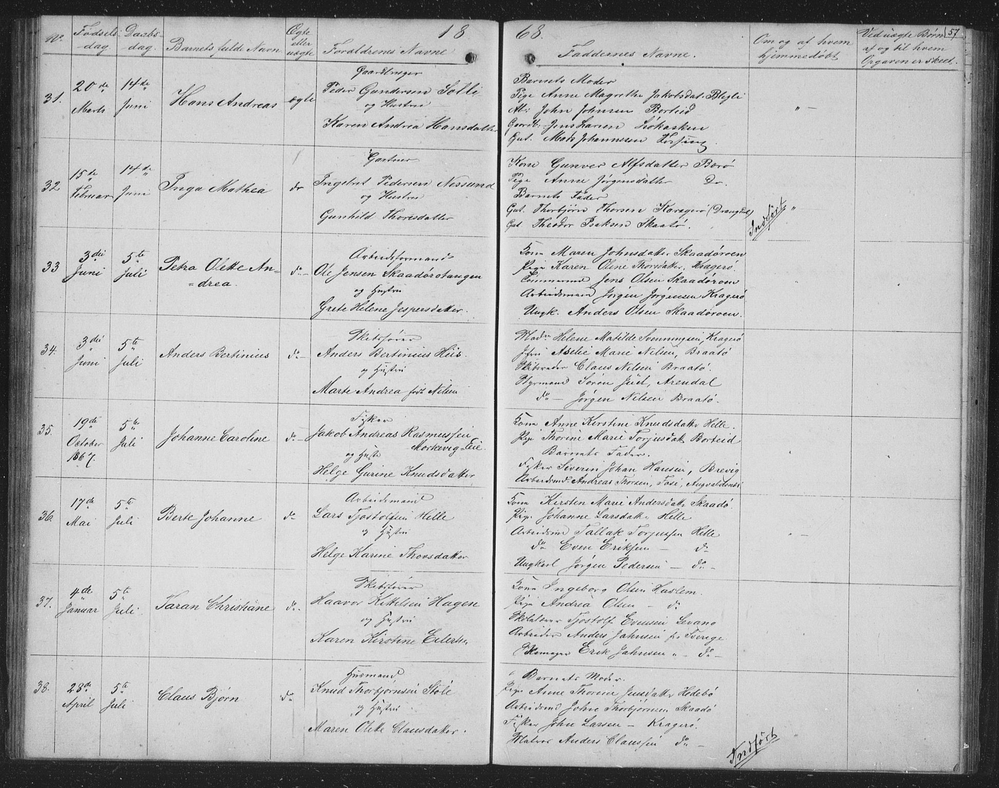Skåtøy kirkebøker, AV/SAKO-A-304/G/Ga/L0001: Klokkerbok nr. I 1, 1862-1872, s. 57