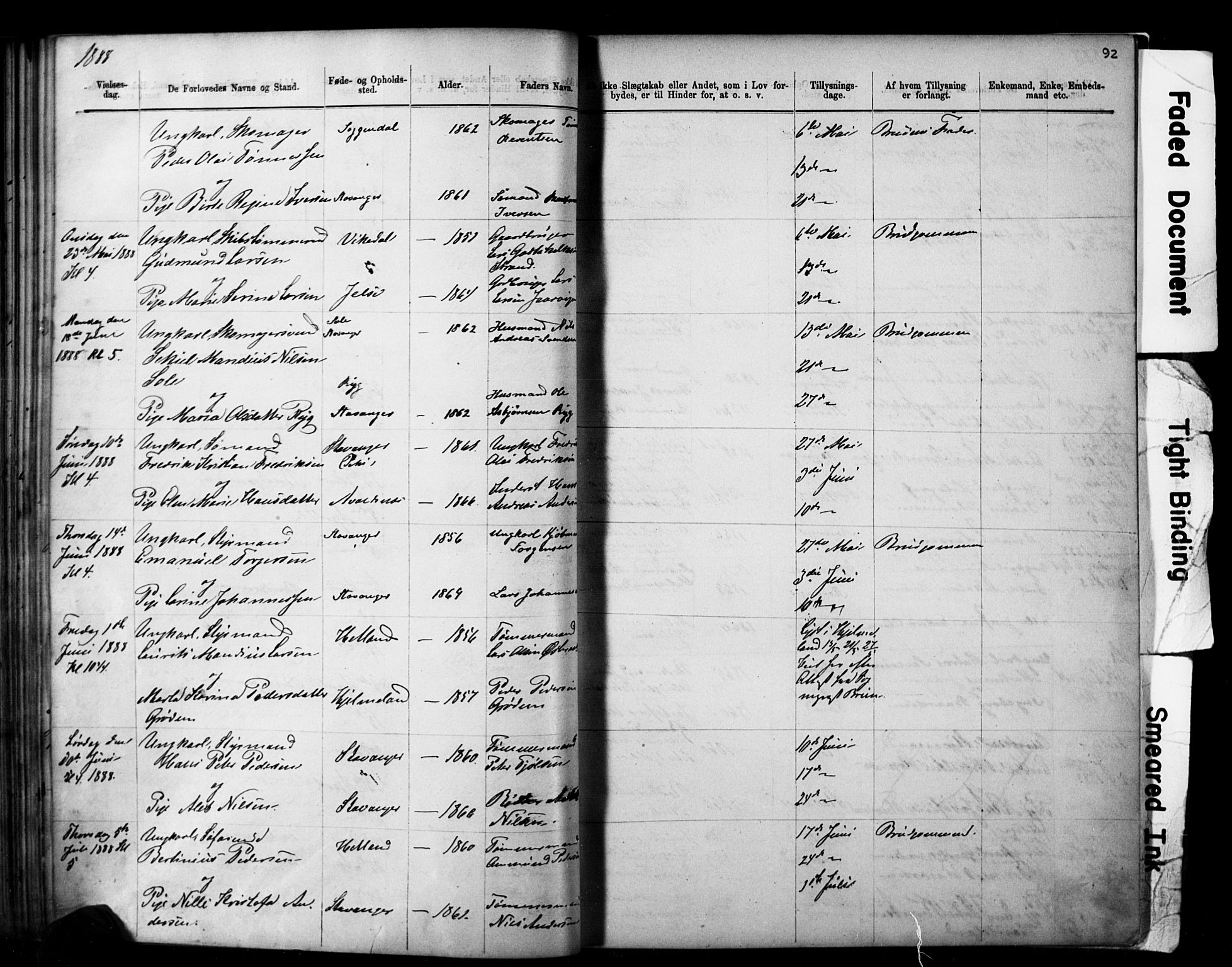 Domkirken sokneprestkontor, AV/SAST-A-101812/001/30/30BB/L0014: Klokkerbok nr. B 14, 1875-1902, s. 92