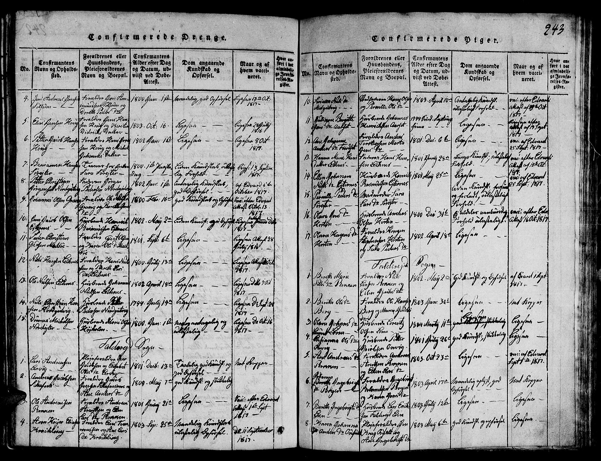Ministerialprotokoller, klokkerbøker og fødselsregistre - Nord-Trøndelag, SAT/A-1458/780/L0648: Klokkerbok nr. 780C01 /1, 1815-1870, s. 243