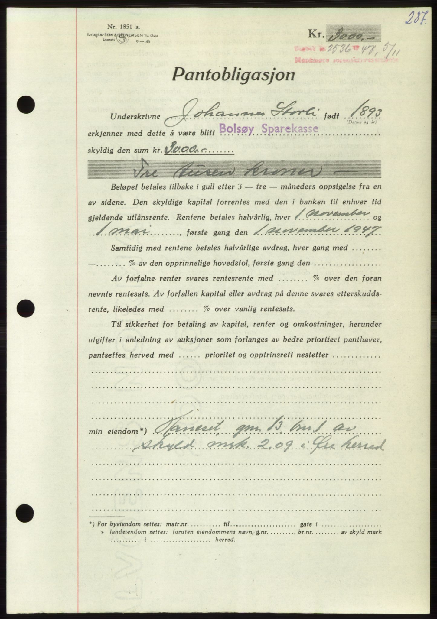 Nordmøre sorenskriveri, AV/SAT-A-4132/1/2/2Ca: Pantebok nr. B97, 1947-1948, Dagboknr: 2536/1947