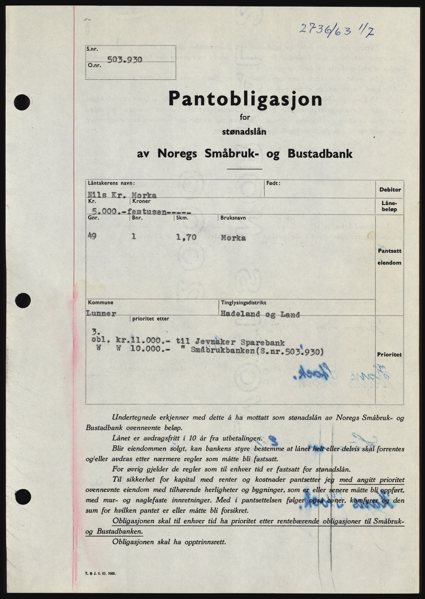 Hadeland og Land tingrett, SAH/TING-010/H/Hb/Hbc/L0052: Pantebok nr. B52, 1963-1963, Dagboknr: 2736/1963