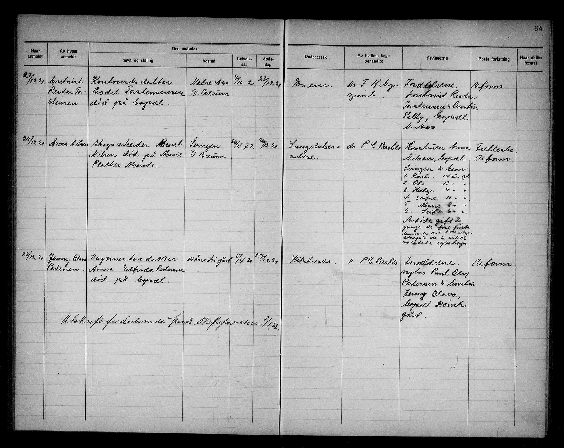 Bærum lensmannskontor, AV/SAO-A-10277/H/Ha/Haa/L0005: Dødsanmeldelsesprotokoll, 1920-1922, s. 64