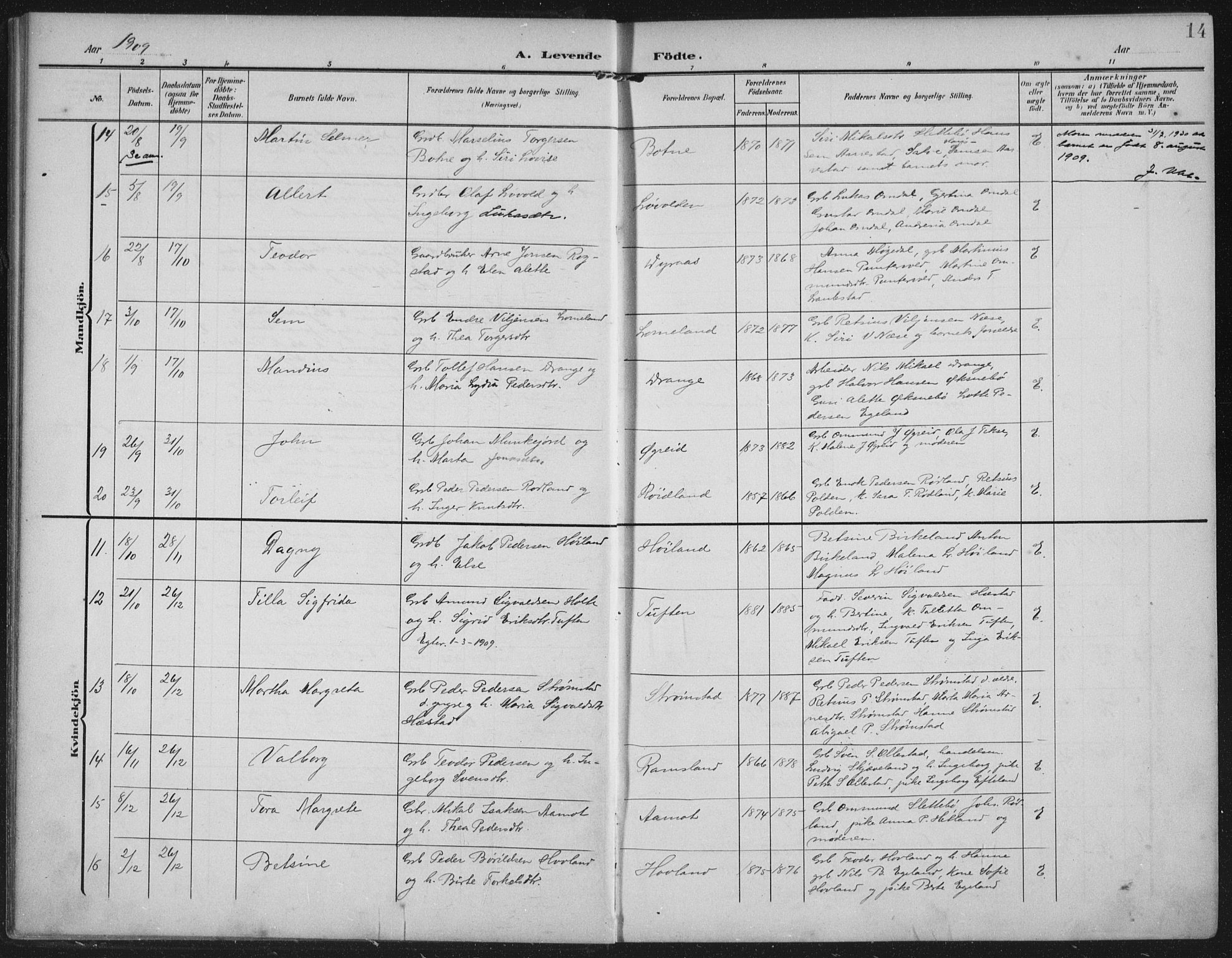 Helleland sokneprestkontor, AV/SAST-A-101810: Ministerialbok nr. A 12, 1906-1923, s. 14