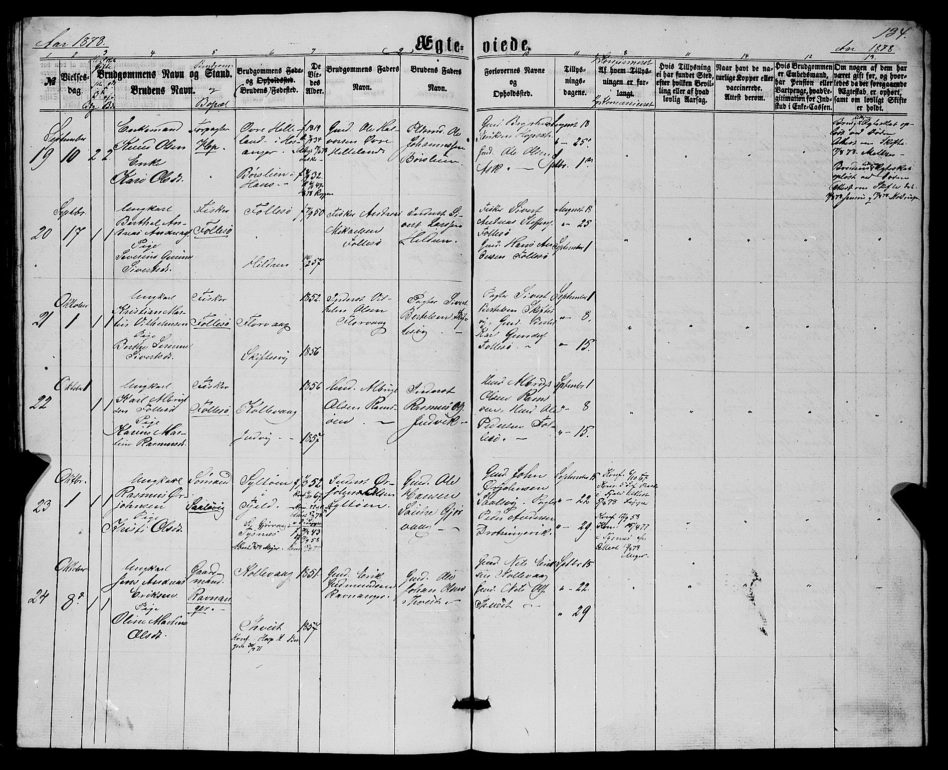 Askøy Sokneprestembete, AV/SAB-A-74101/H/Ha/Hab/Haba/L0006: Klokkerbok nr. A 6, 1861-1881, s. 134