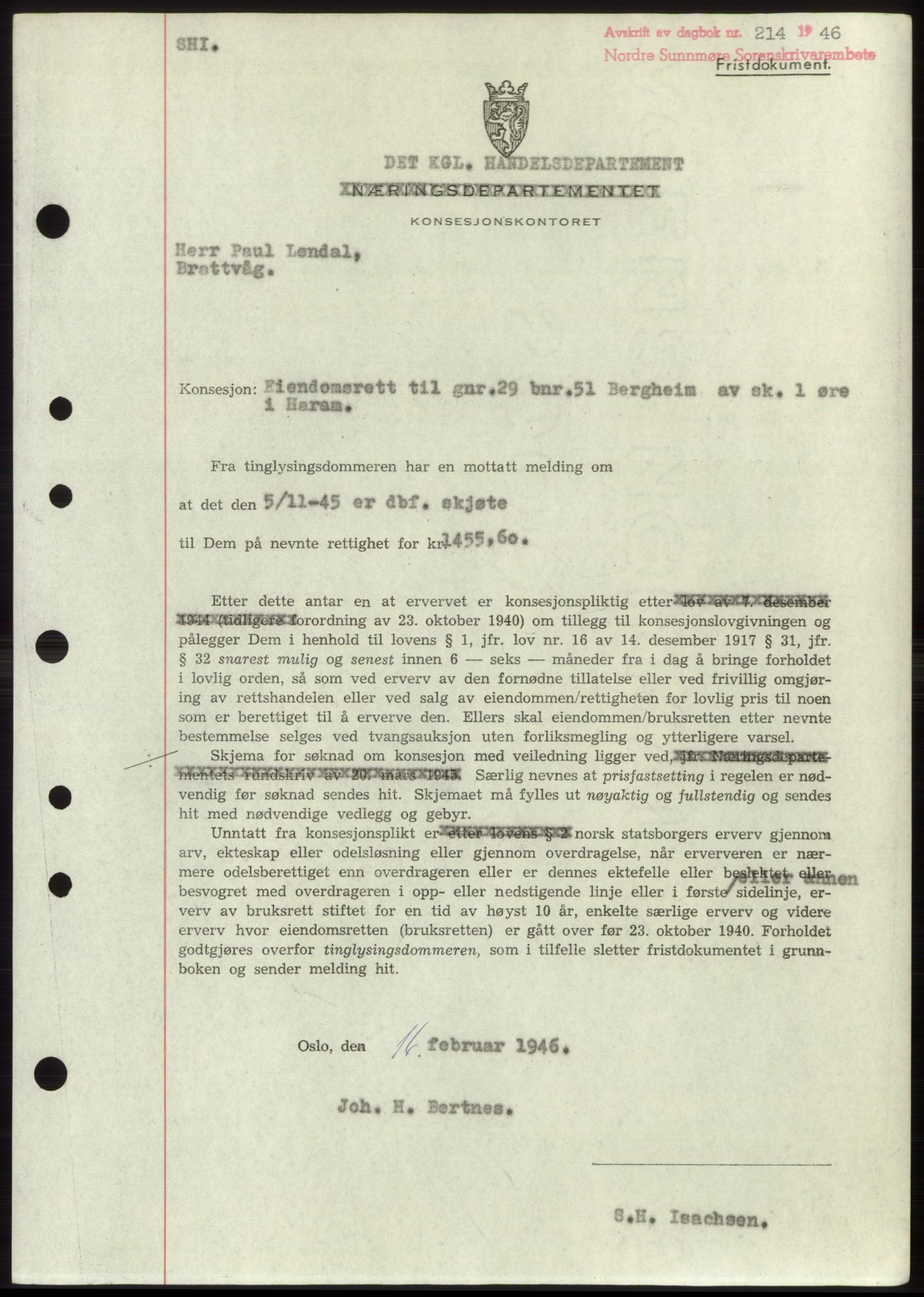 Nordre Sunnmøre sorenskriveri, SAT/A-0006/1/2/2C/2Ca: Pantebok nr. B6-14 b, 1946-1947, Dagboknr: 214/1946