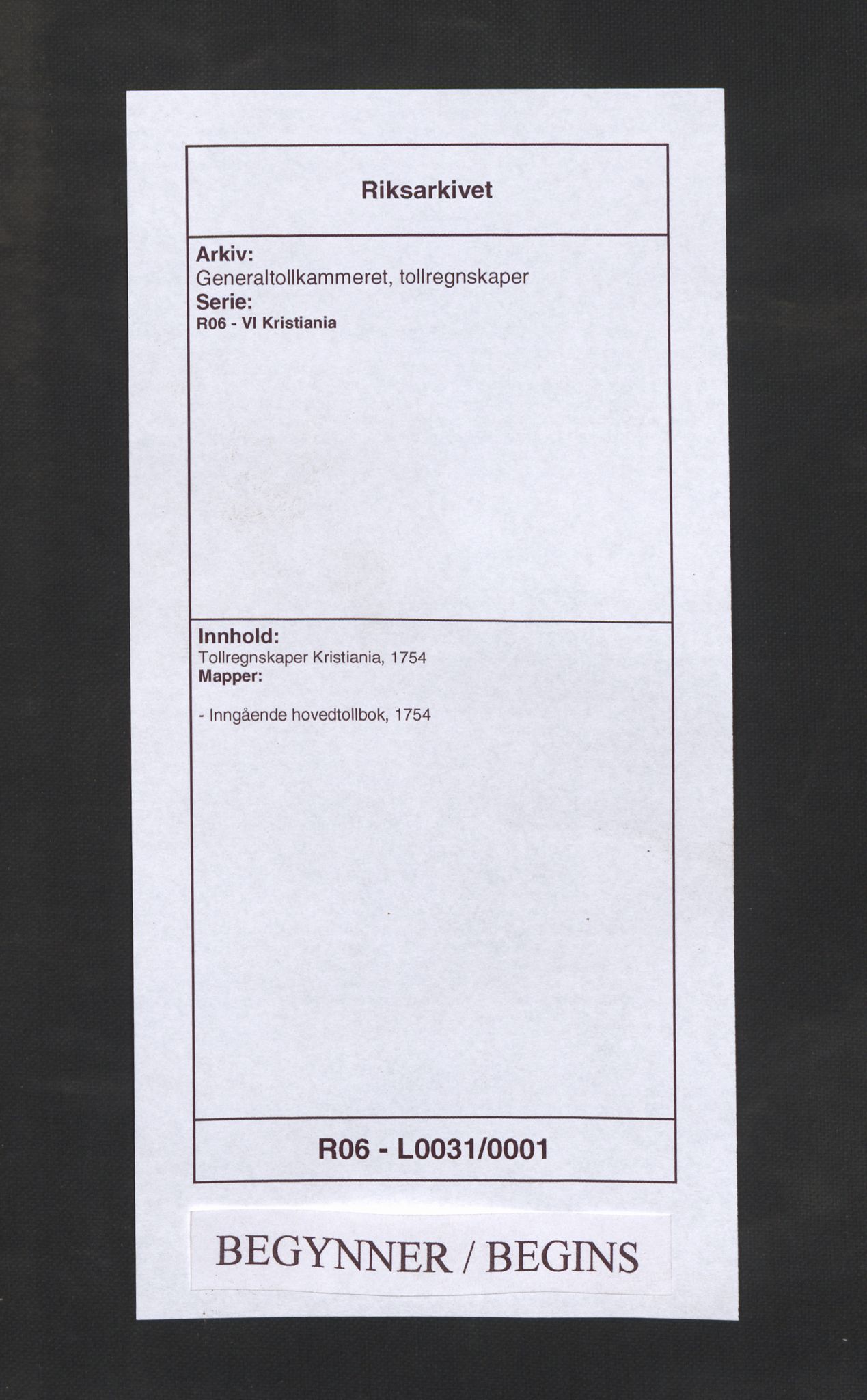 Generaltollkammeret, tollregnskaper, AV/RA-EA-5490/R06/L0031/0001: Tollregnskaper Kristiania / Inngående hovedtollbok, 1754