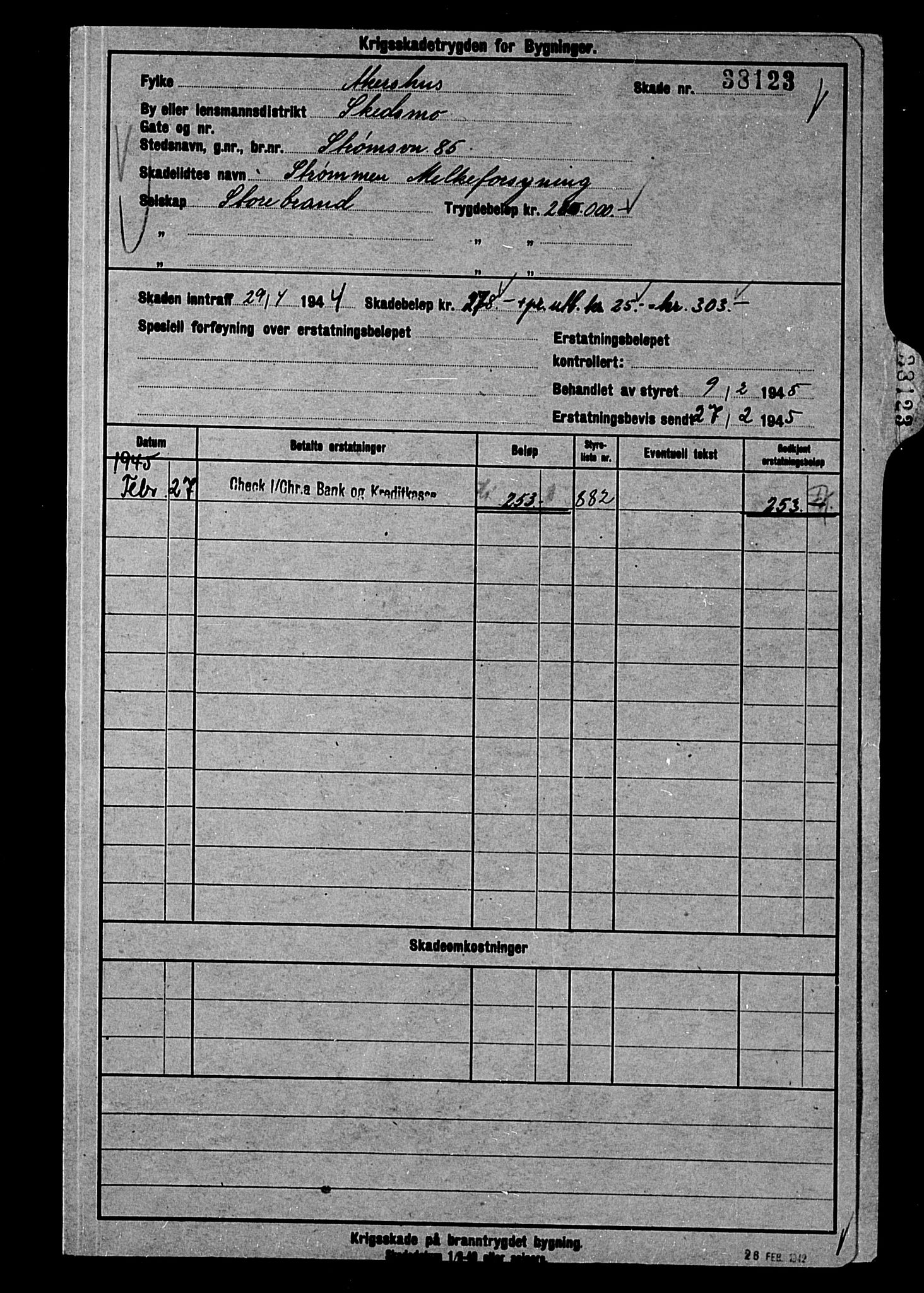 Krigsskadetrygdene for bygninger og løsøre, AV/RA-S-1548/V/L0006: Bygning. Trygdete skader inntruffet etter 1/9-40. Skadenr. 38123-41822. positiv Original, 1940-1945