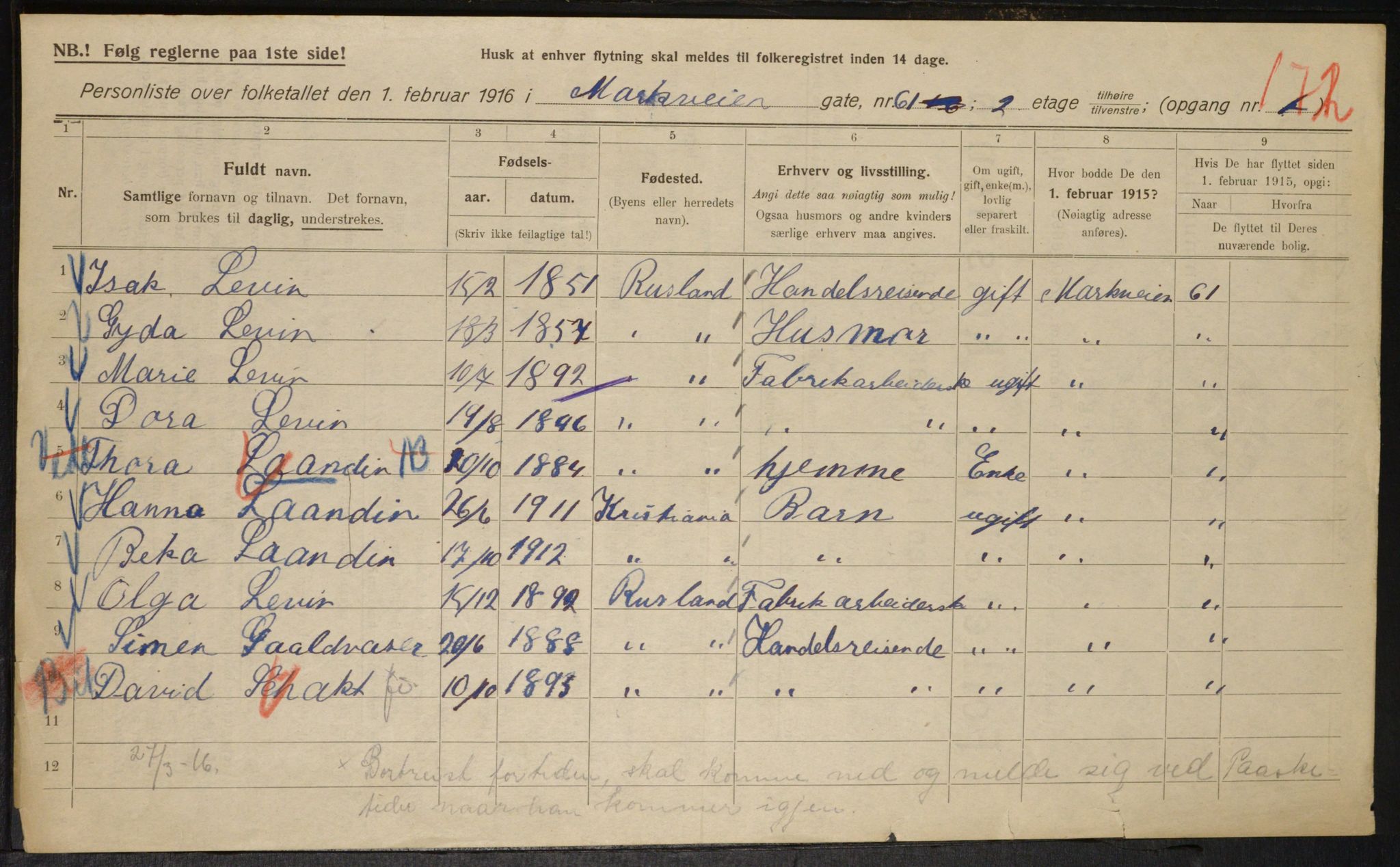 OBA, Kommunal folketelling 1.2.1916 for Kristiania, 1916, s. 66100