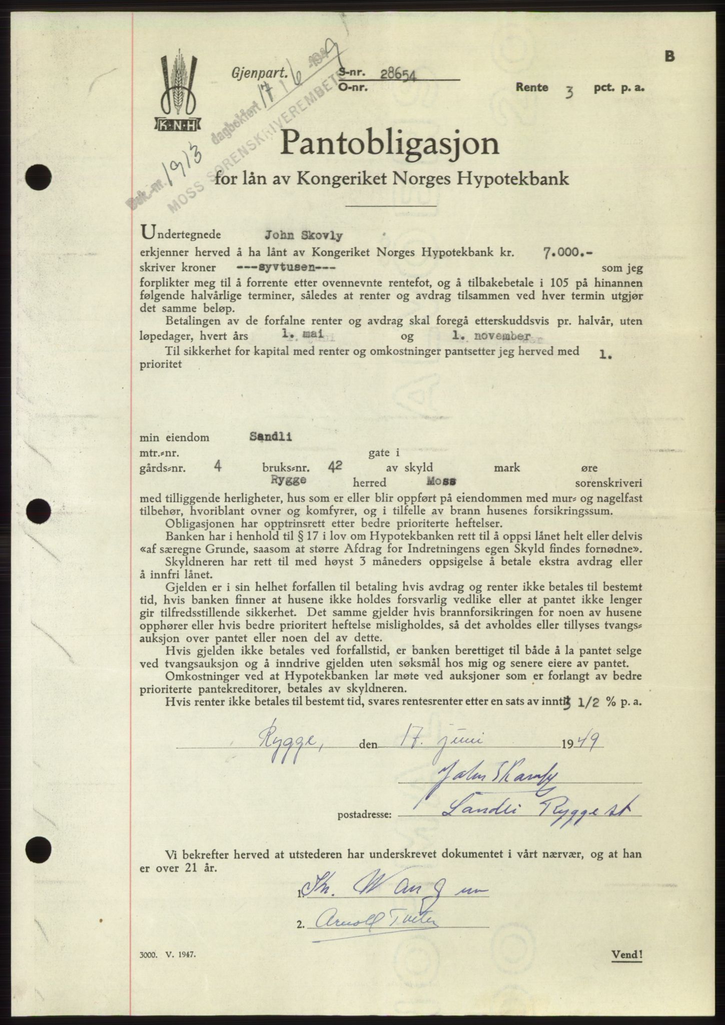 Moss sorenskriveri, SAO/A-10168: Pantebok nr. B22, 1949-1949, Dagboknr: 1913/1949