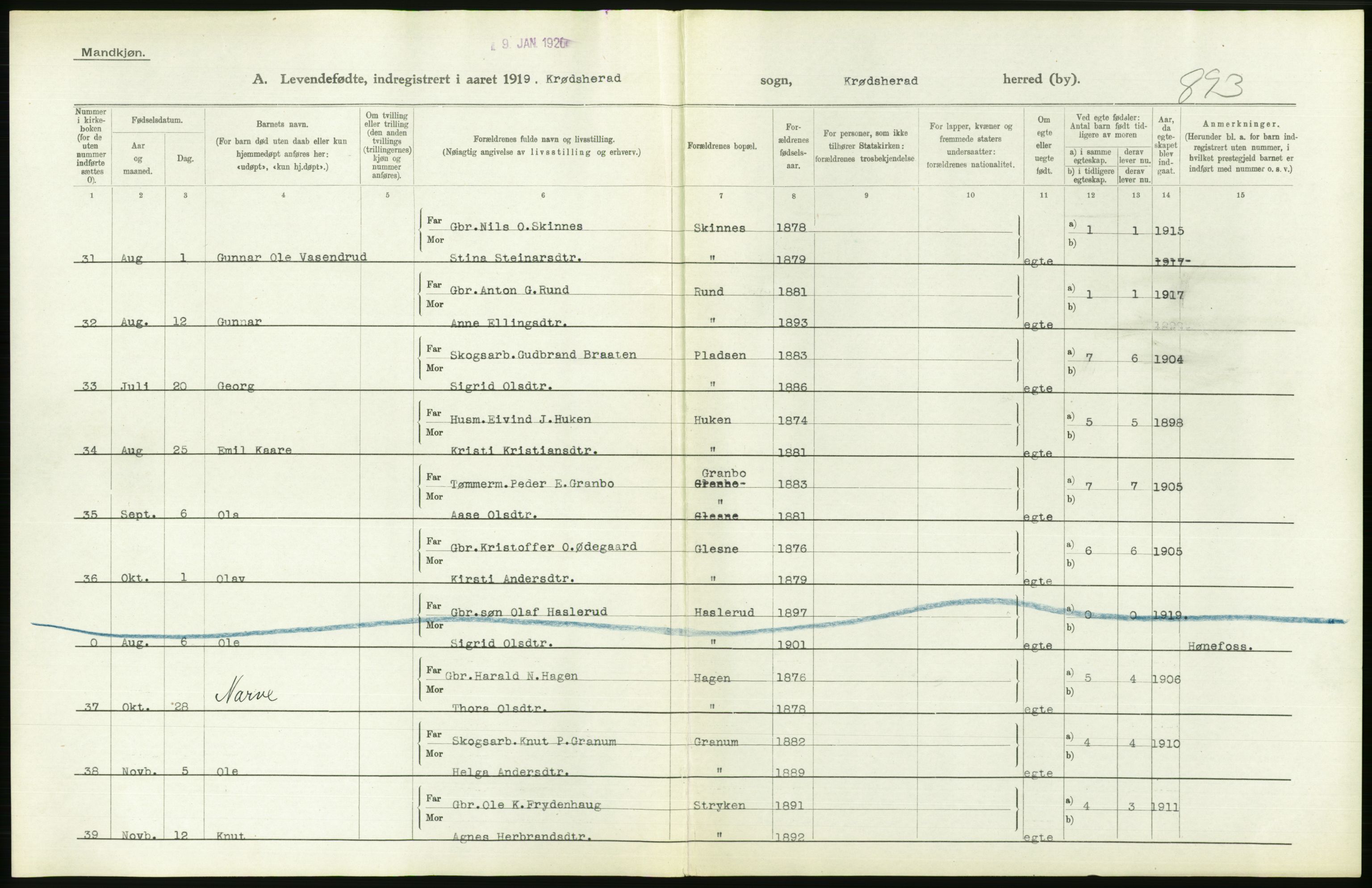 Statistisk sentralbyrå, Sosiodemografiske emner, Befolkning, RA/S-2228/D/Df/Dfb/Dfbi/L0016: Buskerud fylke: Levendefødte menn og kvinner. Bygder., 1919, s. 448