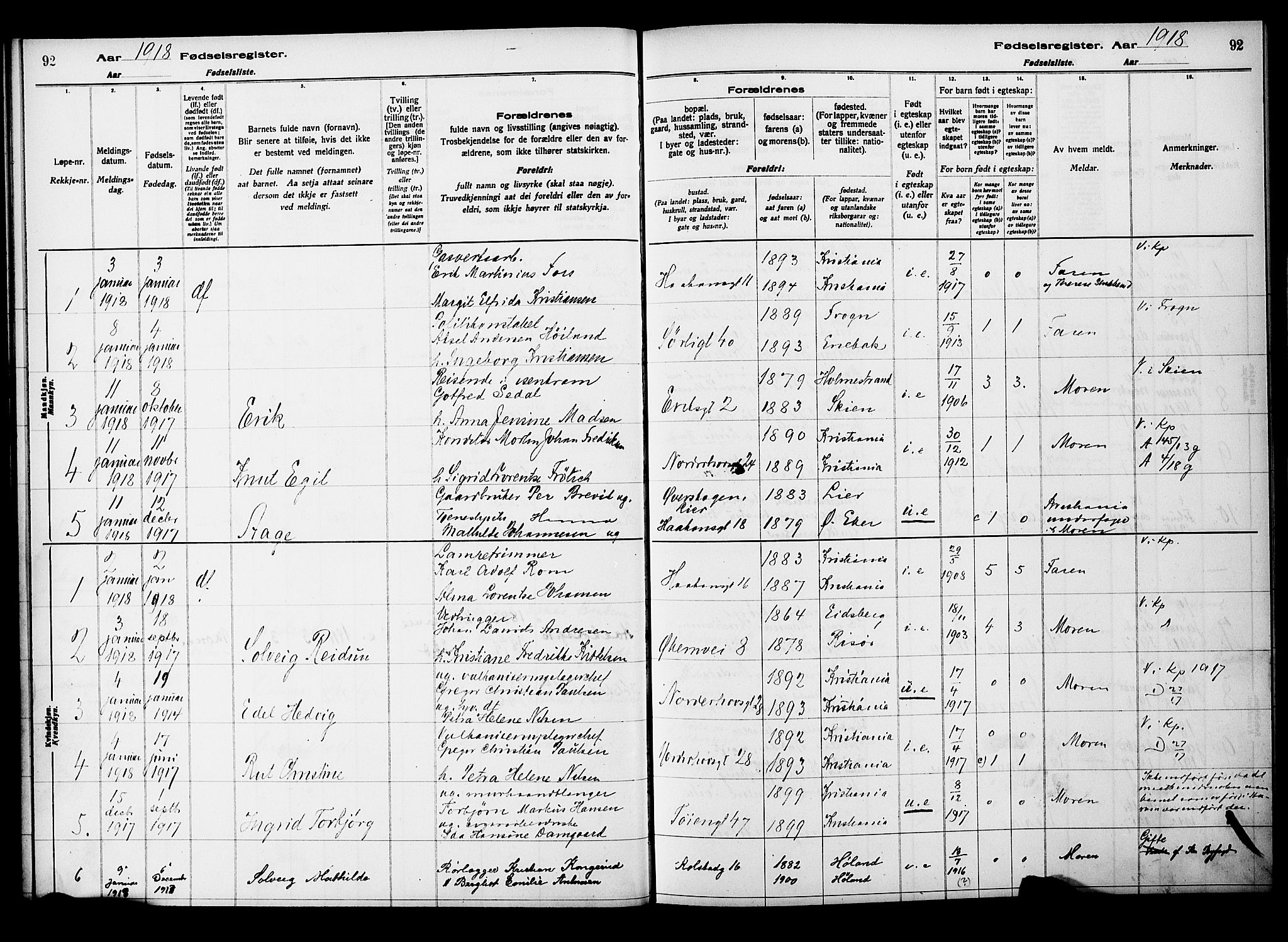 Kampen prestekontor Kirkebøker, AV/SAO-A-10853/J/Ja/L0001: Fødselsregister nr. 1, 1916-1920, s. 92