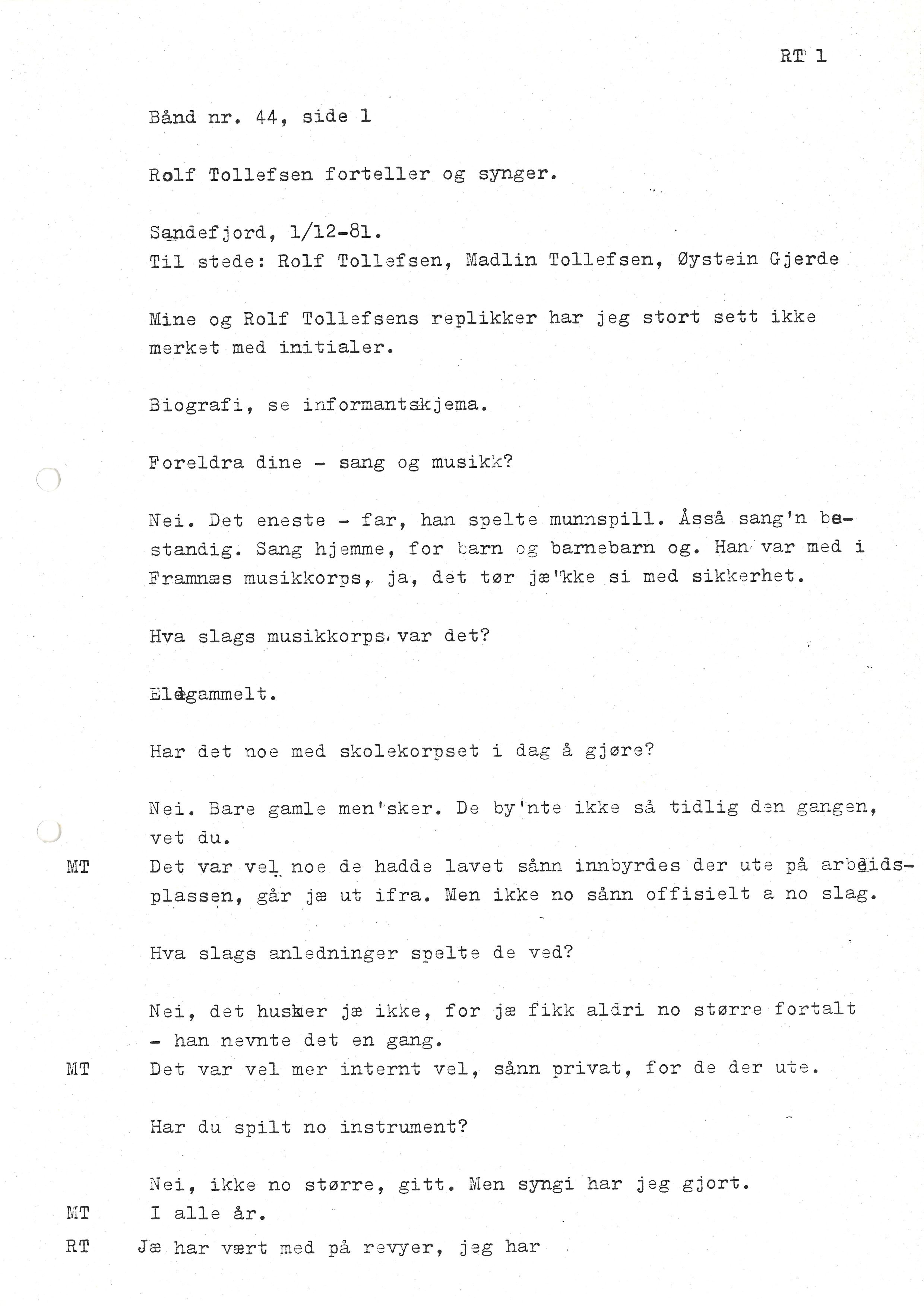 Sa 16 - Folkemusikk fra Vestfold, Gjerdesamlingen, VEMU/A-1868/I/L0001: Informantregister med intervjunedtegnelser, 1979-1986