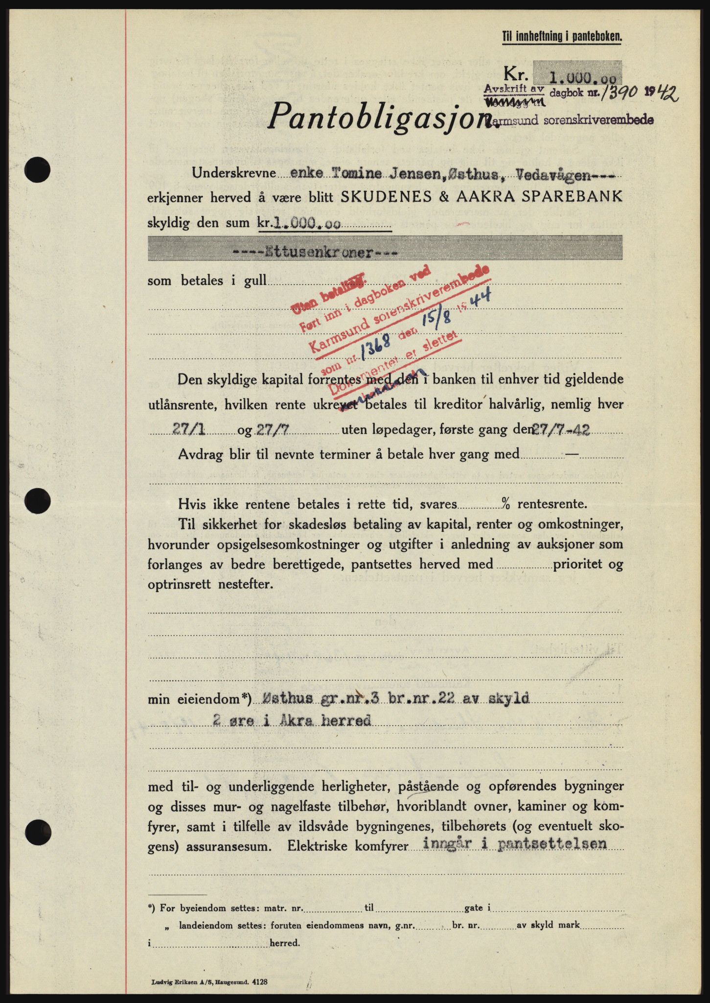 Karmsund sorenskriveri, SAST/A-100311/01/II/IIBBE/L0008: Pantebok nr. B 54, 1942-1943, Dagboknr: 1390/1942