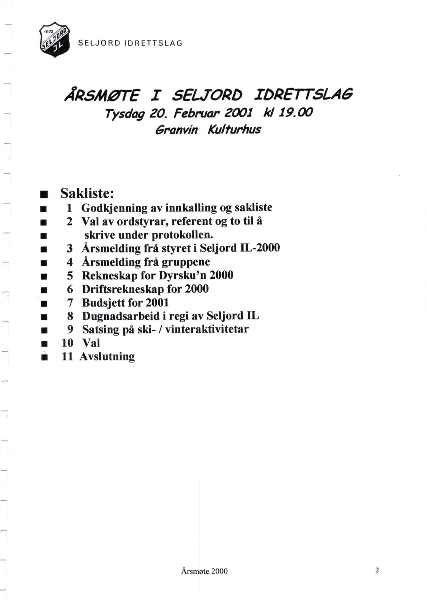 Seljord Idrettslag, VTM/A-1034/A/Ab/L0003: Årsmeldingar, 2000
