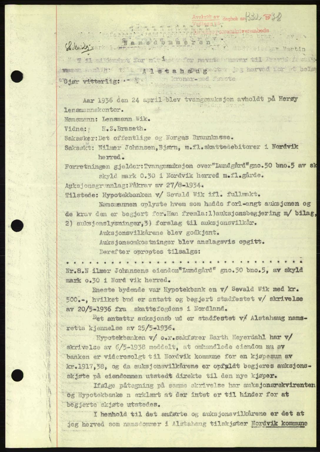 Alstahaug sorenskriveri, SAT/A-1009: Pantebok nr. A3, 1937-1938, Dagboknr: 1332/1938