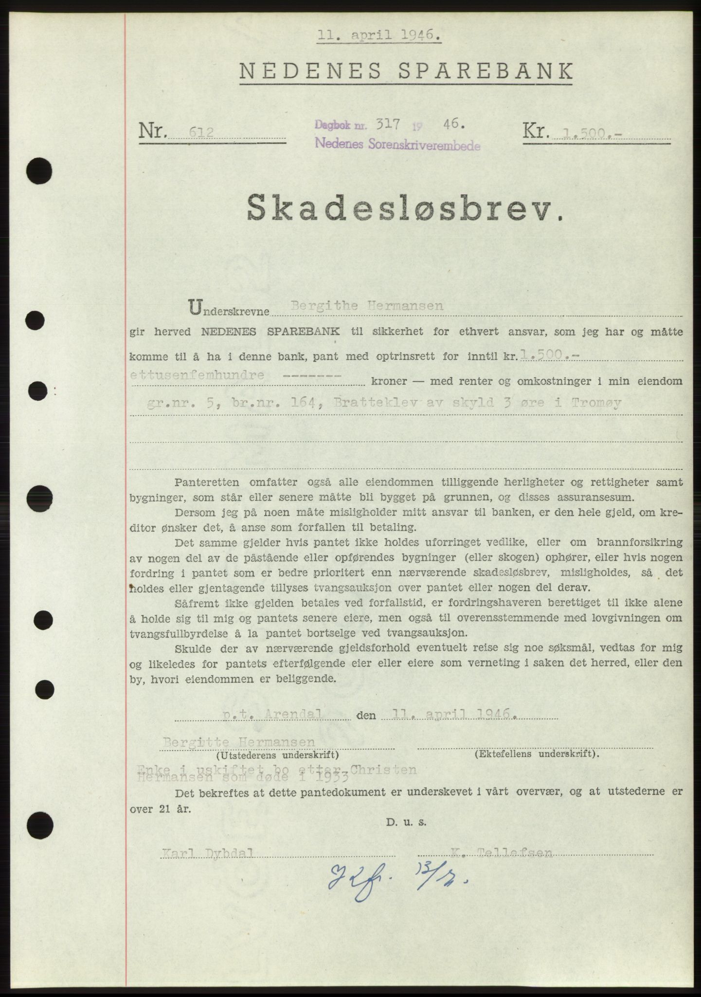 Nedenes sorenskriveri, SAK/1221-0006/G/Gb/Gbb/L0003: Pantebok nr. B3b, 1946-1946, Dagboknr: 317/1946