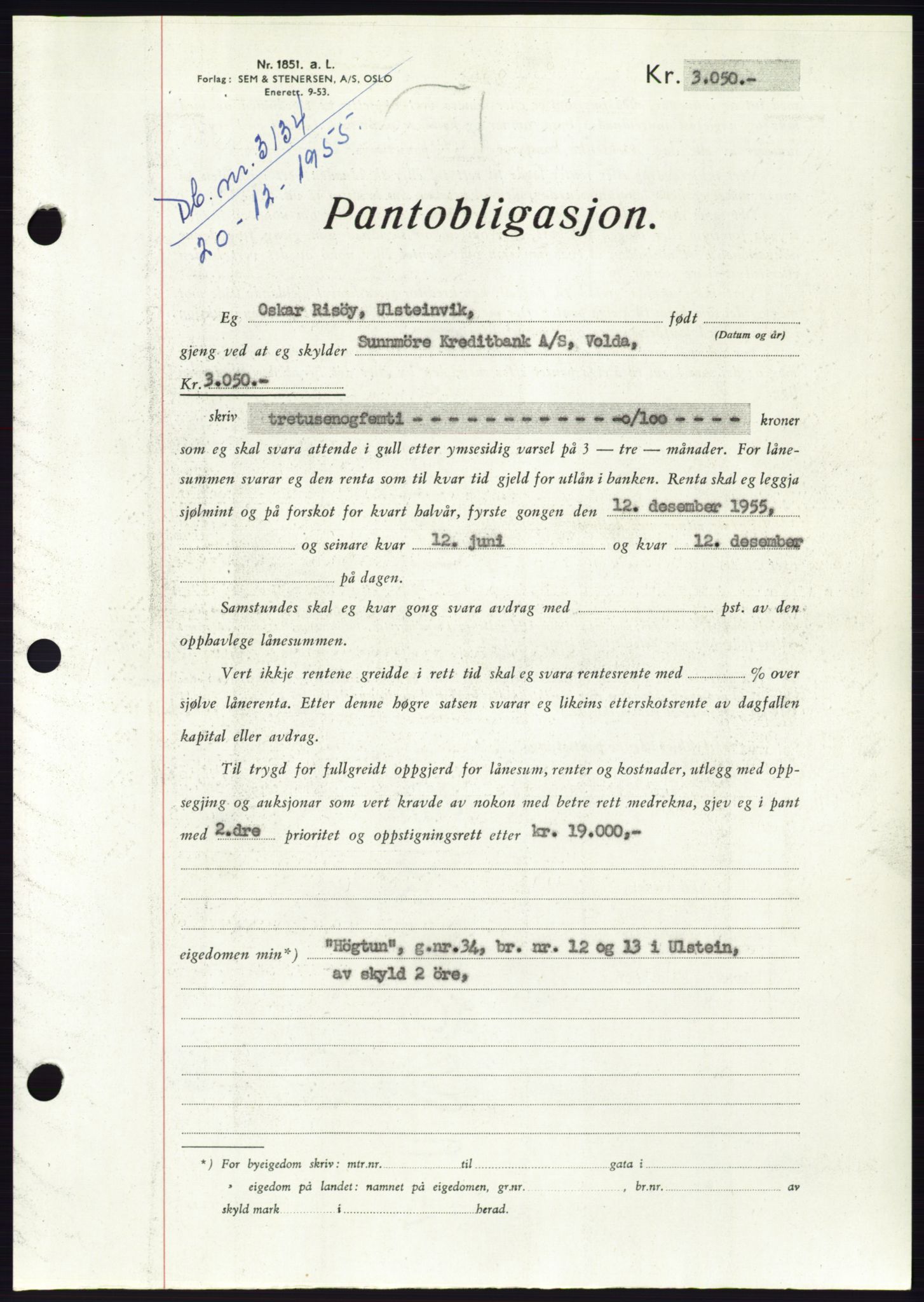 Søre Sunnmøre sorenskriveri, AV/SAT-A-4122/1/2/2C/L0102: Pantebok nr. 28A, 1955-1956, Dagboknr: 3134/1955