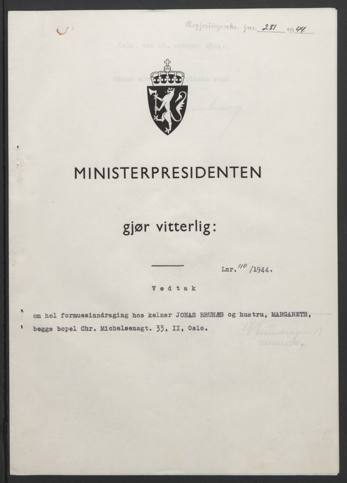 NS-administrasjonen 1940-1945 (Statsrådsekretariatet, de kommisariske statsråder mm), RA/S-4279/D/Db/L0111/0003: Saker fra krigsårene / Journal, 1940-1945, s. 344
