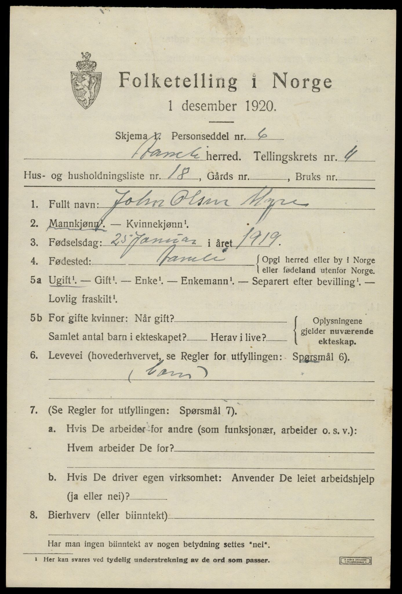SAK, Folketelling 1920 for 0929 Åmli herred, 1920, s. 4451