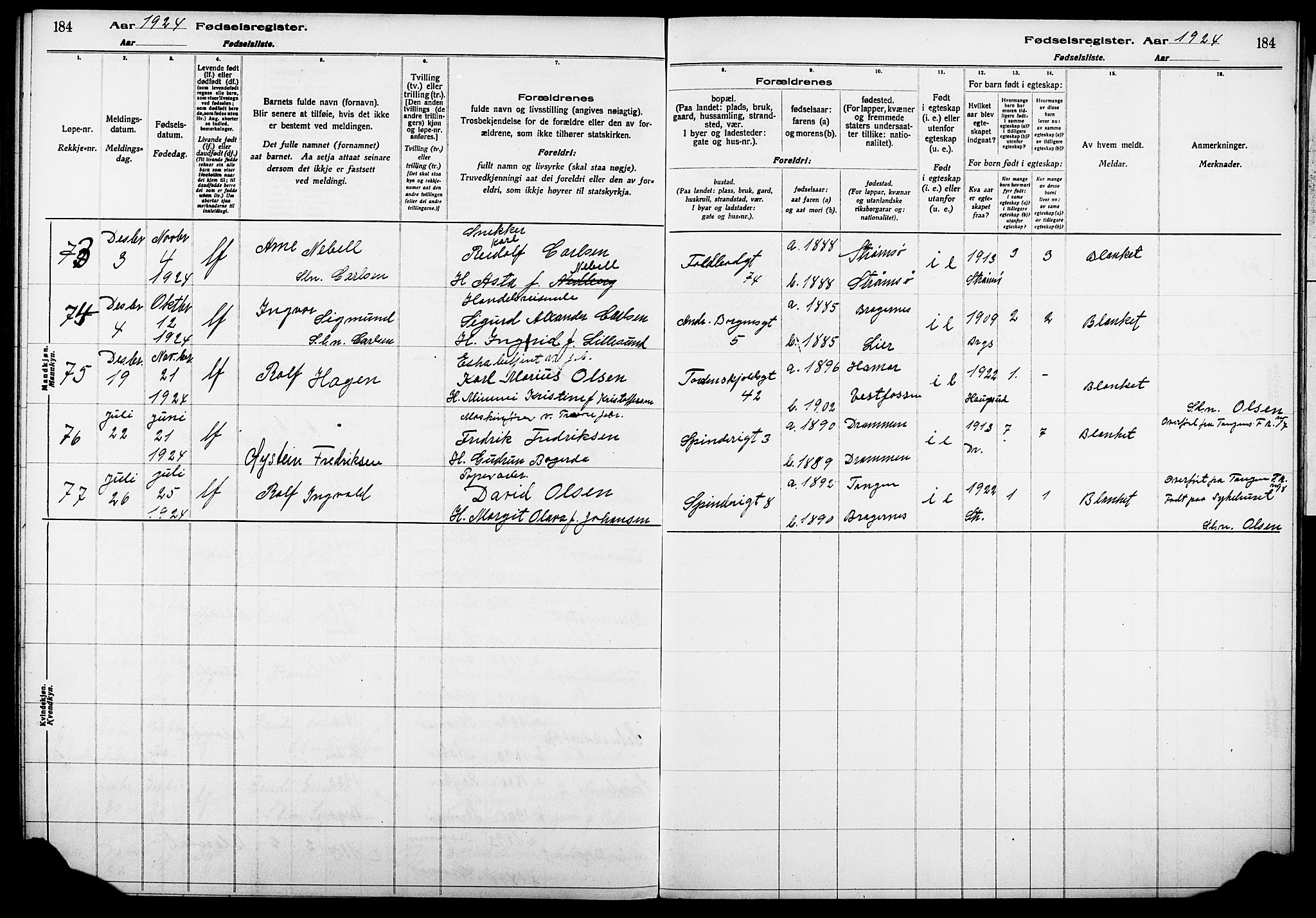Strømsø kirkebøker, AV/SAKO-A-246/J/Ja/L0001: Fødselsregister nr. I 1, 1916-1925, s. 184