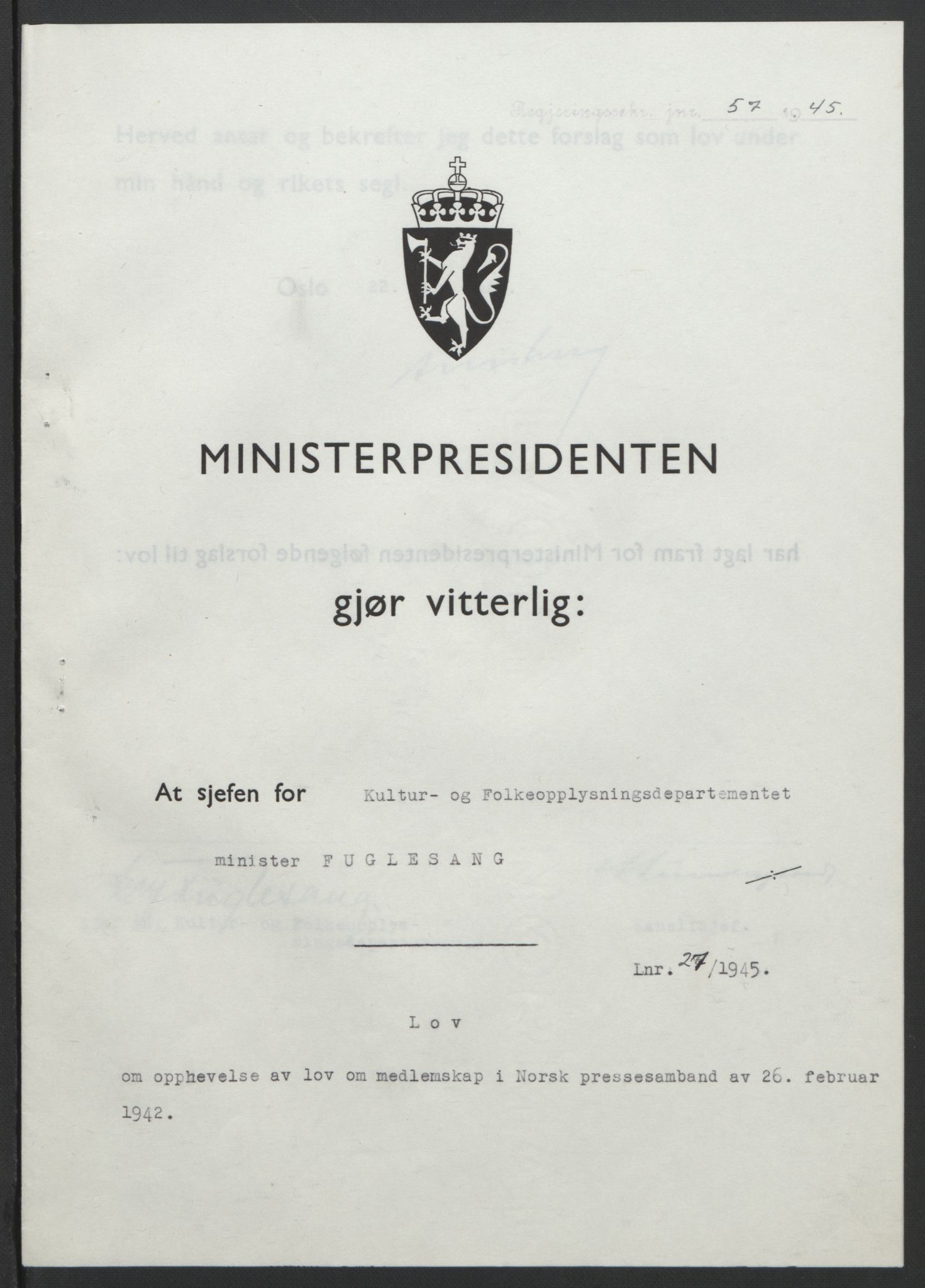 NS-administrasjonen 1940-1945 (Statsrådsekretariatet, de kommisariske statsråder mm), RA/S-4279/D/Db/L0101/0001: -- / Lover og vedtak, 1945, s. 111