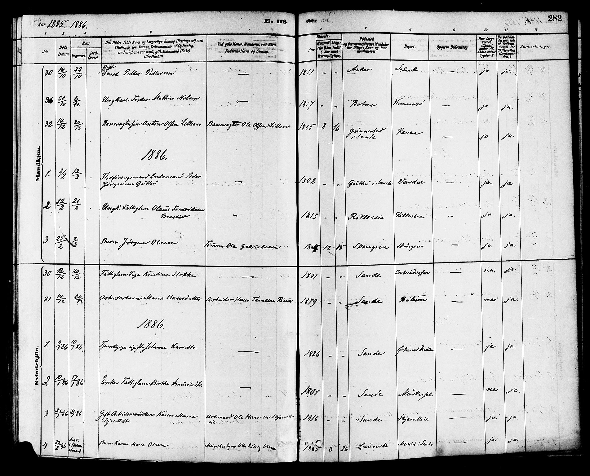 Sande Kirkebøker, AV/SAKO-A-53/F/Fa/L0006: Ministerialbok nr. 6, 1878-1888, s. 282