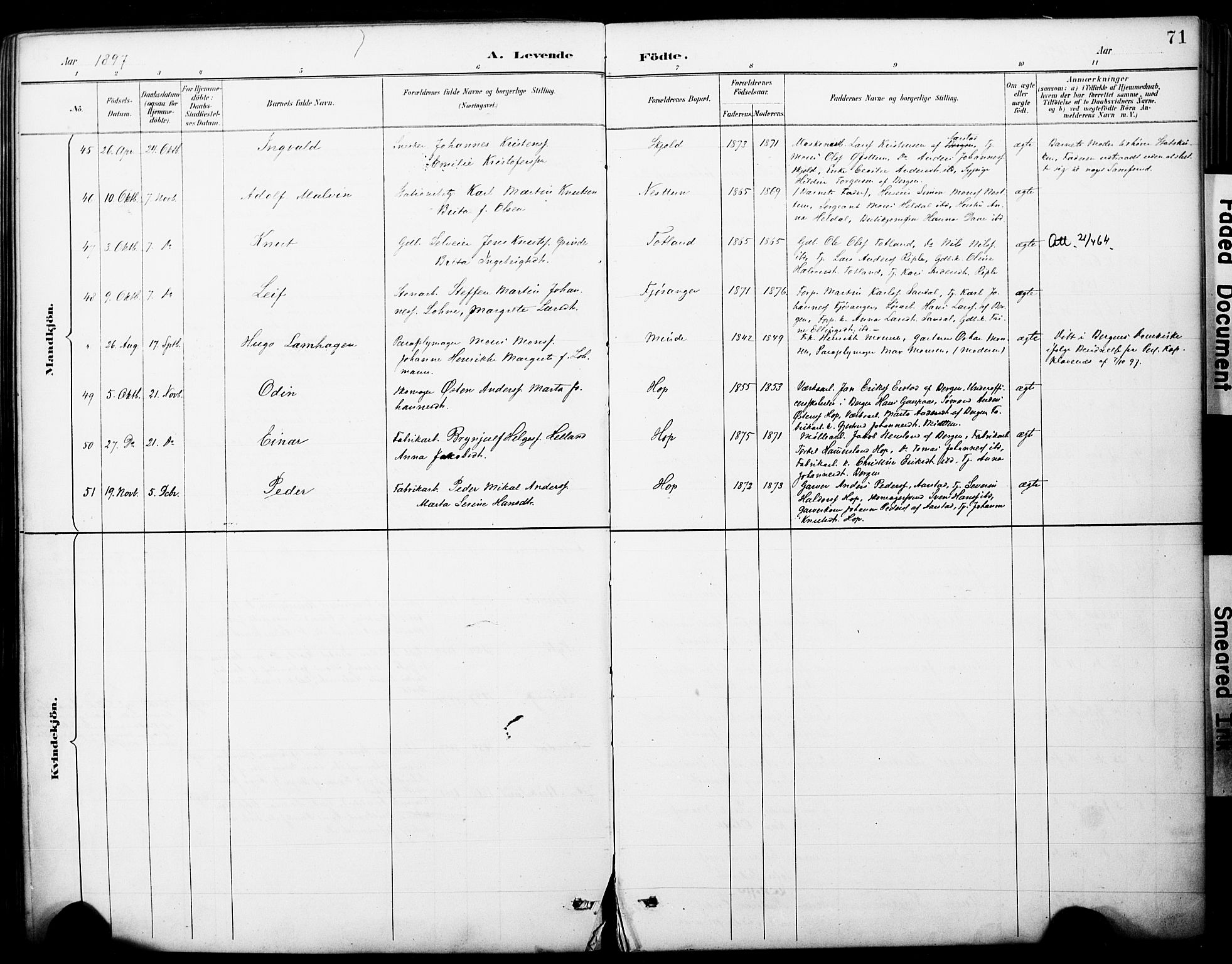 Fana Sokneprestembete, AV/SAB-A-75101/H/Haa/Haai/L0002: Ministerialbok nr. I 2, 1888-1899, s. 71