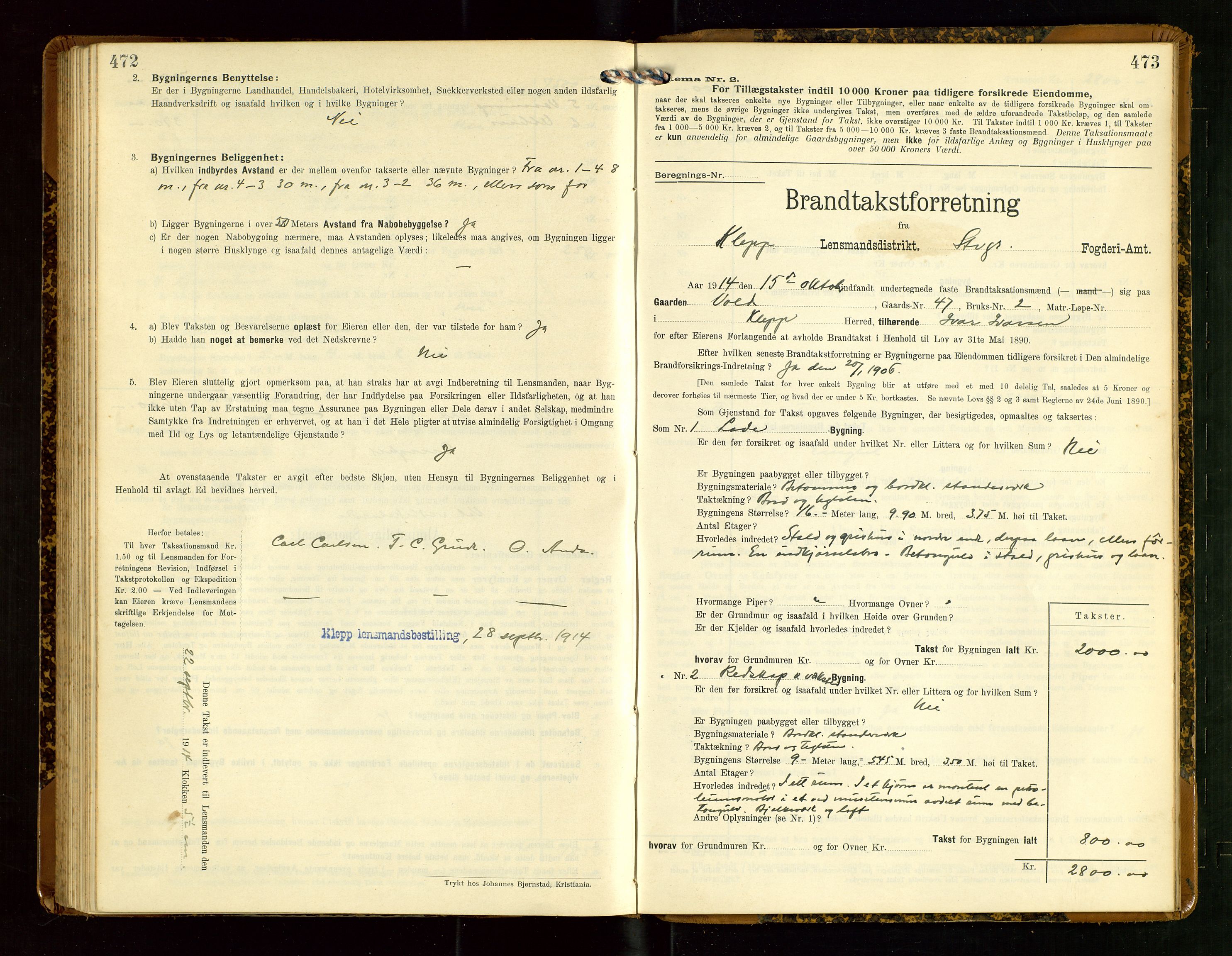 Klepp lensmannskontor, AV/SAST-A-100163/Goc/L0007: "Brandtaxationsprotokol" m/register, 1911-1915, s. 472-473