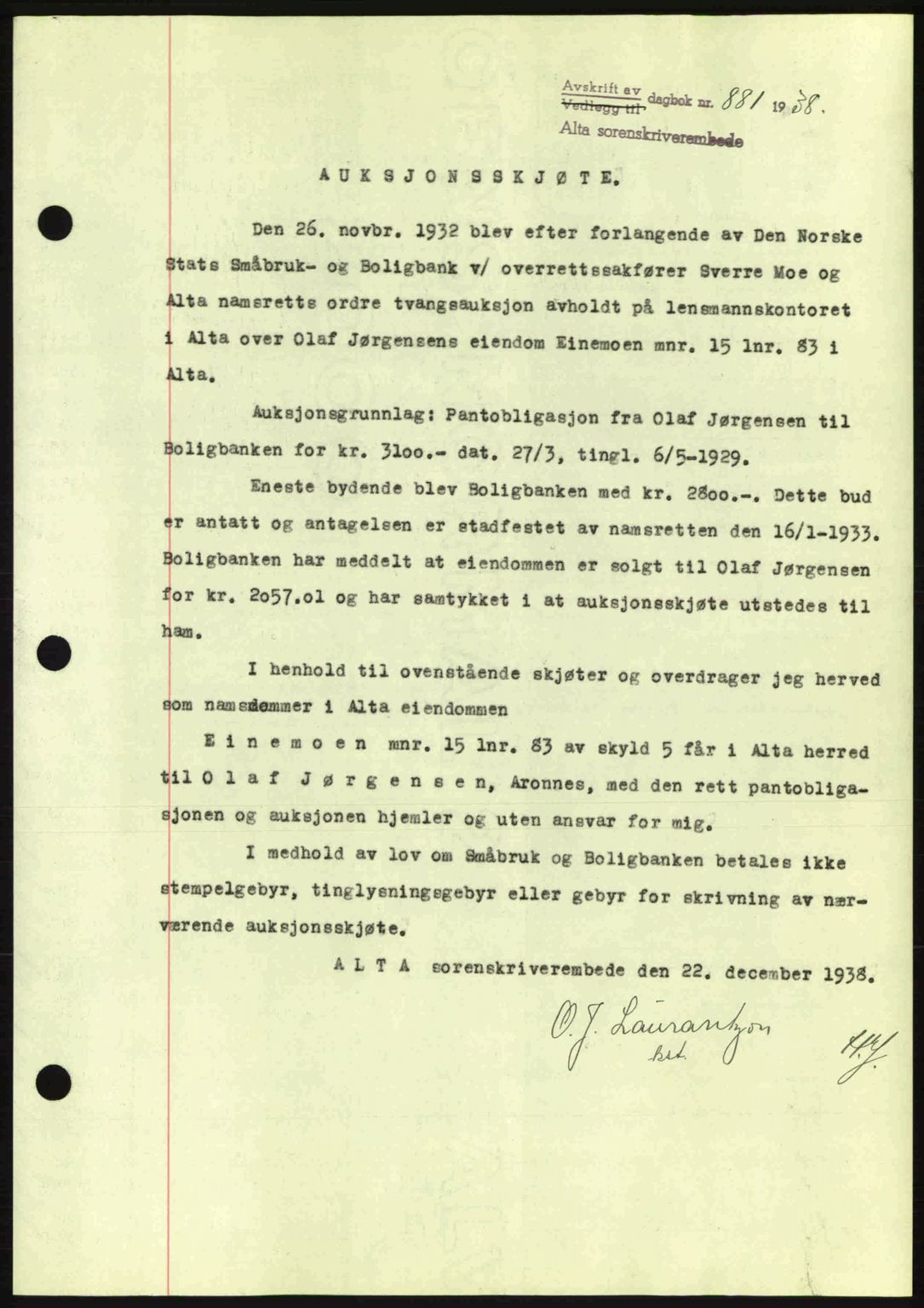Alta fogderi/sorenskriveri, SATØ/SATØ-5/1/K/Kd/L0031pantebok: Pantebok nr. 31, 1938-1939, Dagboknr: 881/1938