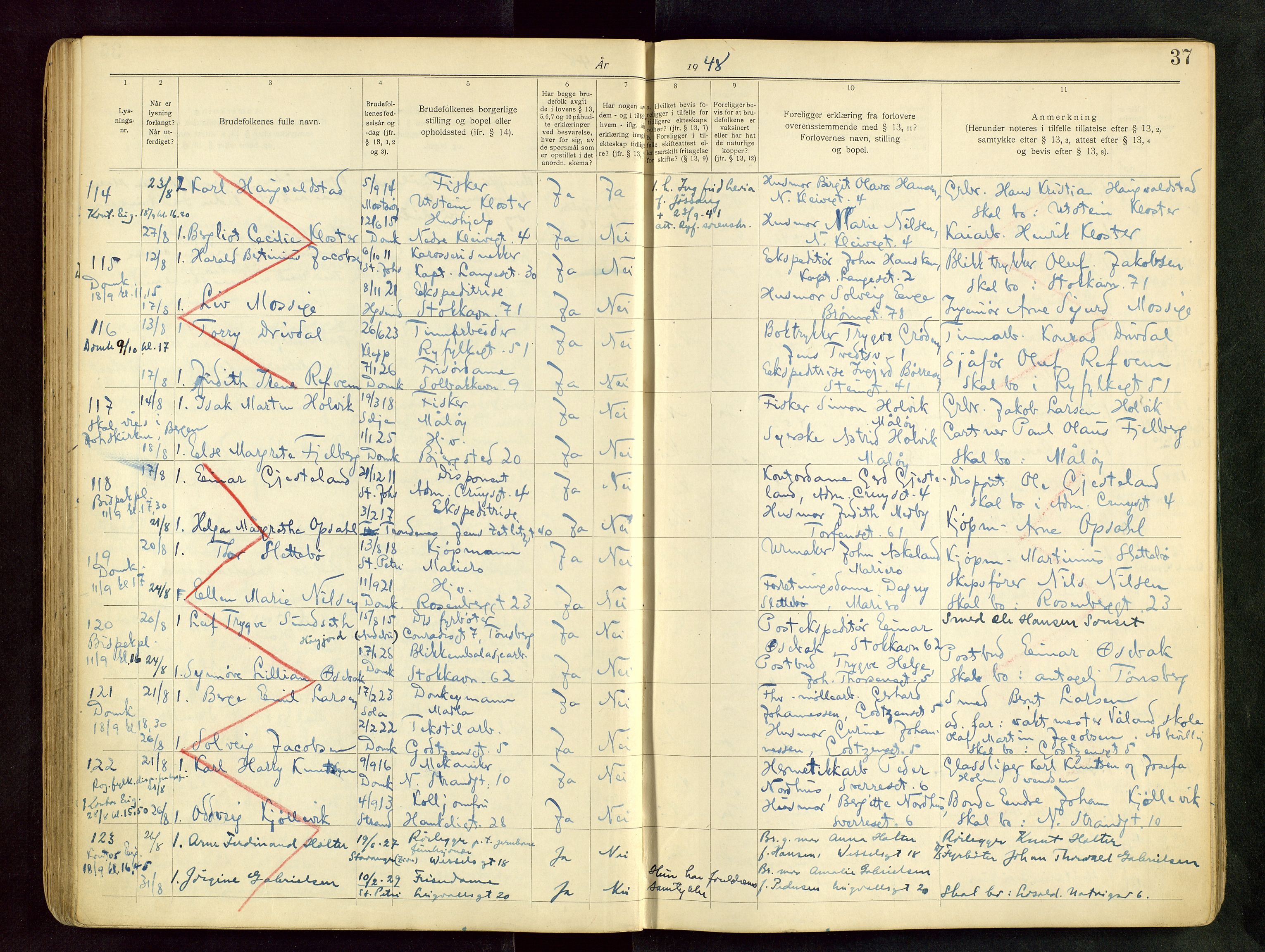 Domkirken sokneprestkontor, AV/SAST-A-101812/001/70/705BB/L0004: Lysningsprotokoll nr. 4, 1943-1951, s. 37