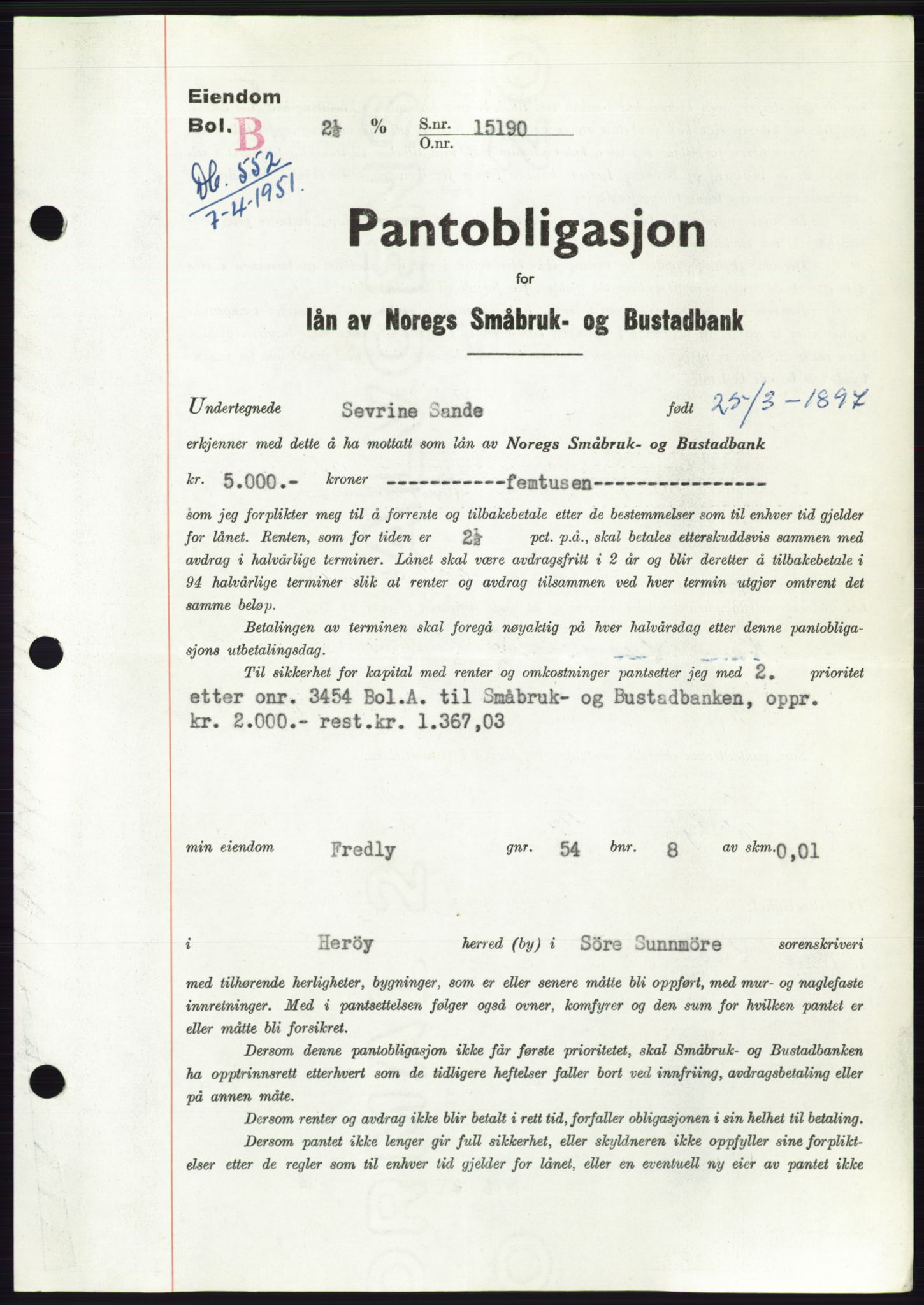Søre Sunnmøre sorenskriveri, SAT/A-4122/1/2/2C/L0119: Pantebok nr. 7B, 1950-1951, Dagboknr: 552/1951