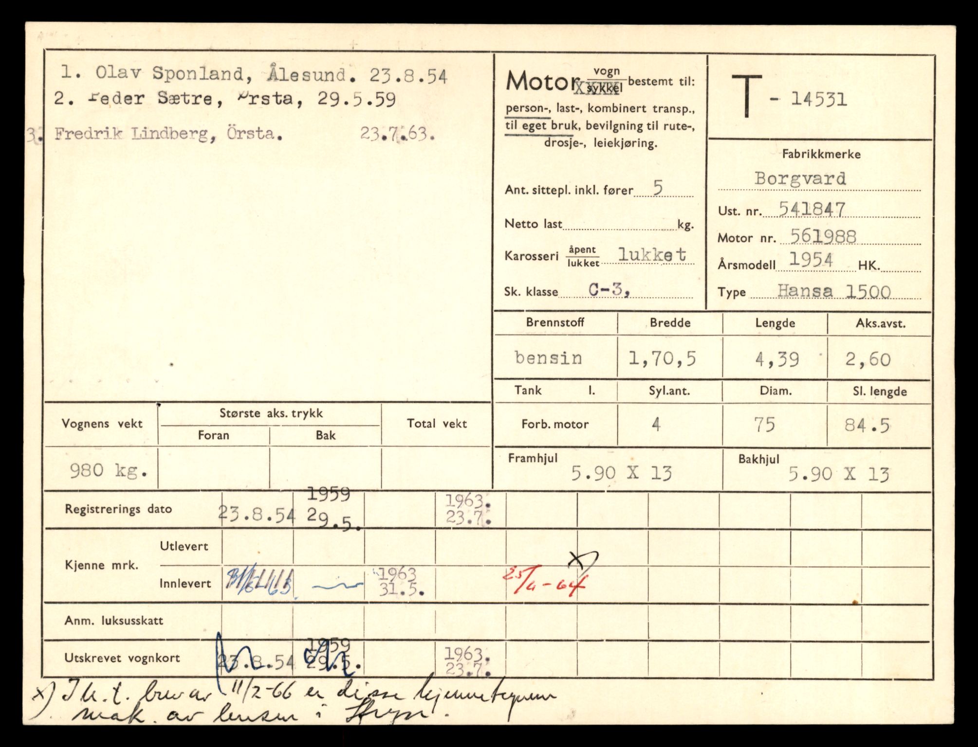 Møre og Romsdal vegkontor - Ålesund trafikkstasjon, AV/SAT-A-4099/F/Fe/L0046: Registreringskort for kjøretøy T 14445 - T 14579, 1927-1998