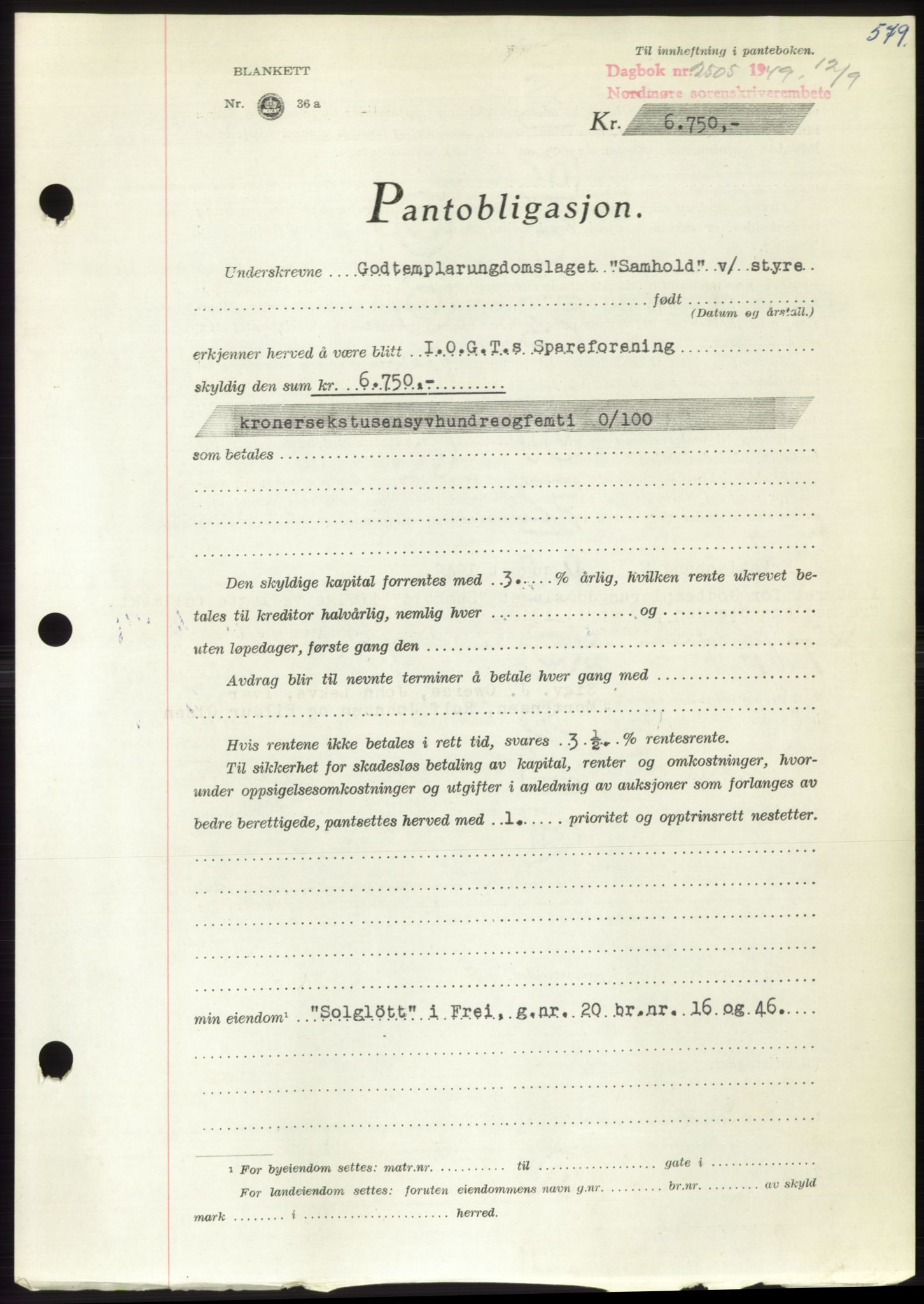 Nordmøre sorenskriveri, SAT/A-4132/1/2/2Ca: Pantebok nr. B102, 1949-1949, Dagboknr: 2505/1949