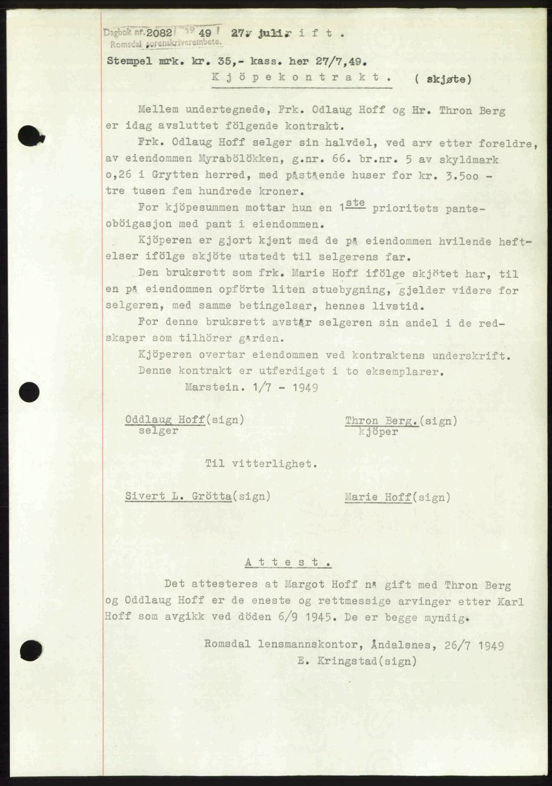 Romsdal sorenskriveri, SAT/A-4149/1/2/2C: Pantebok nr. A30, 1949-1949, Dagboknr: 2082/1949