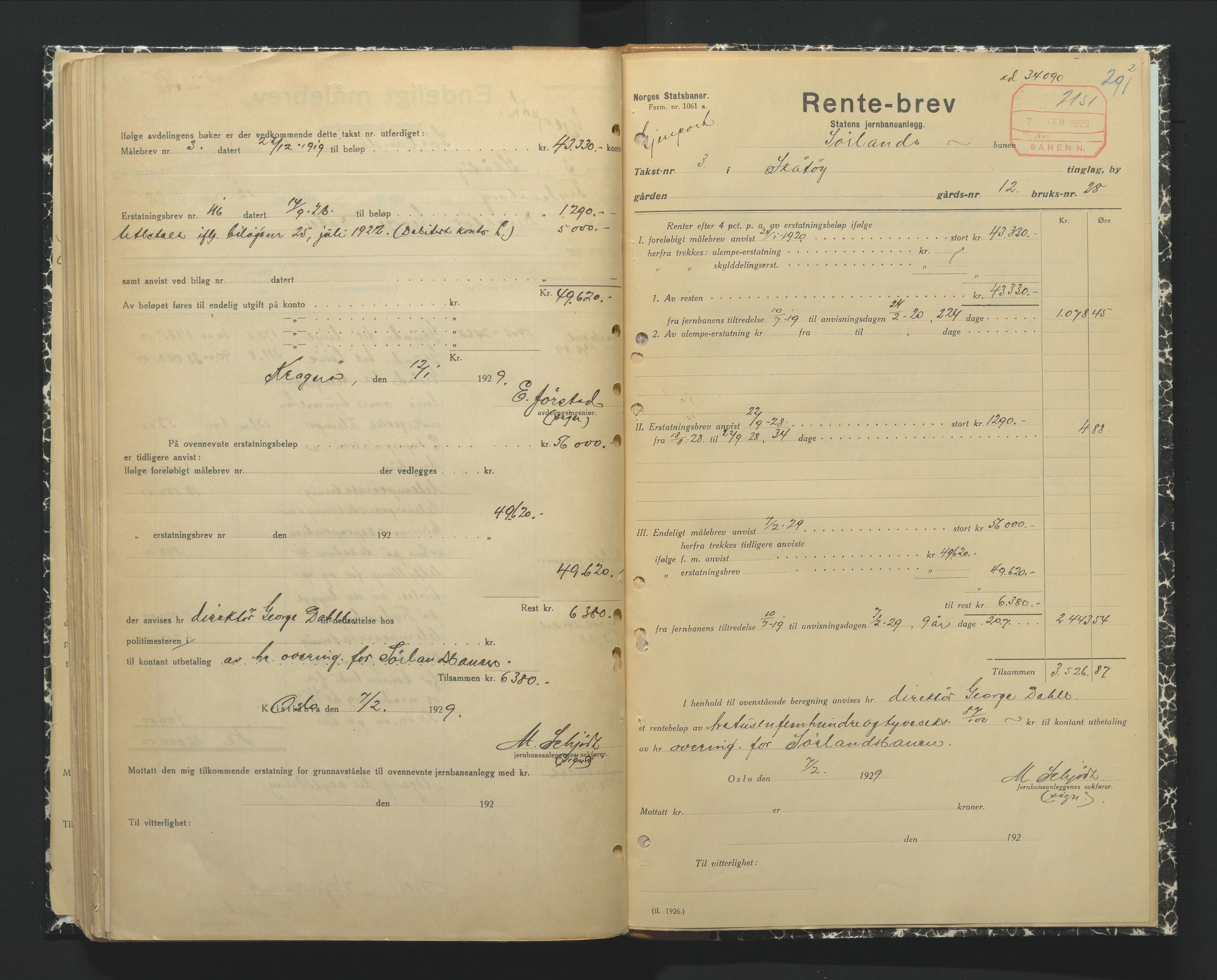 NSB Baneavdelingen, AV/SAK-1821-0004/F/Fc/Fch/L0249/0002: Grunnerstatninger, målebrev / Endelige måle- og rentebrev for Kragerølinja, 1928-1930