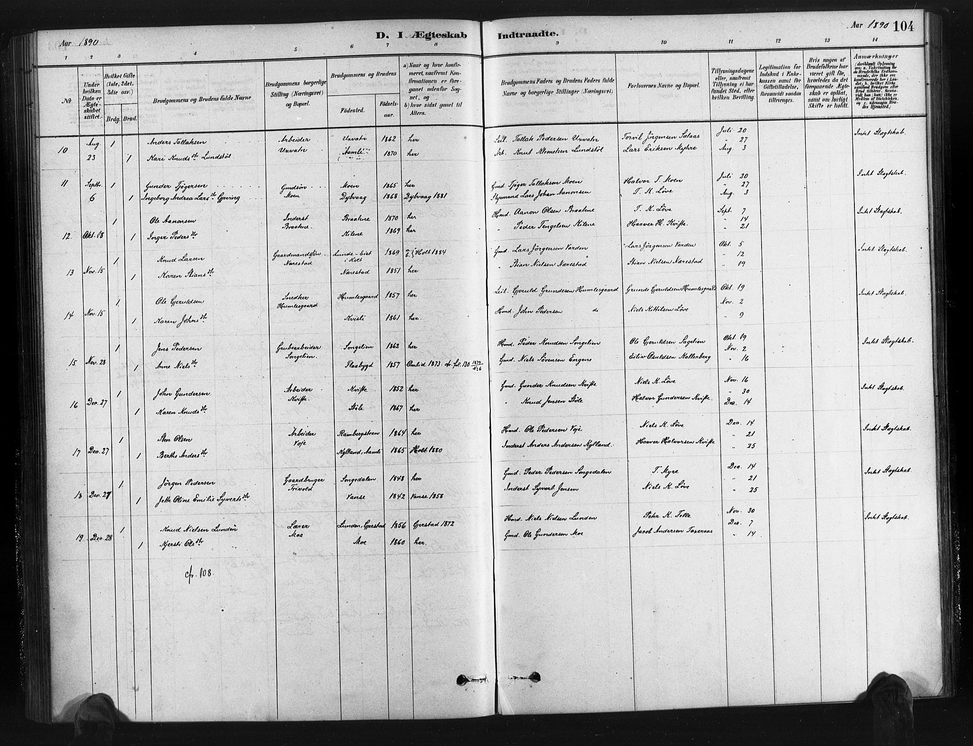 Gjerstad sokneprestkontor, AV/SAK-1111-0014/F/Fa/Fab/L0004: Ministerialbok nr. A 4, 1879-1890, s. 104