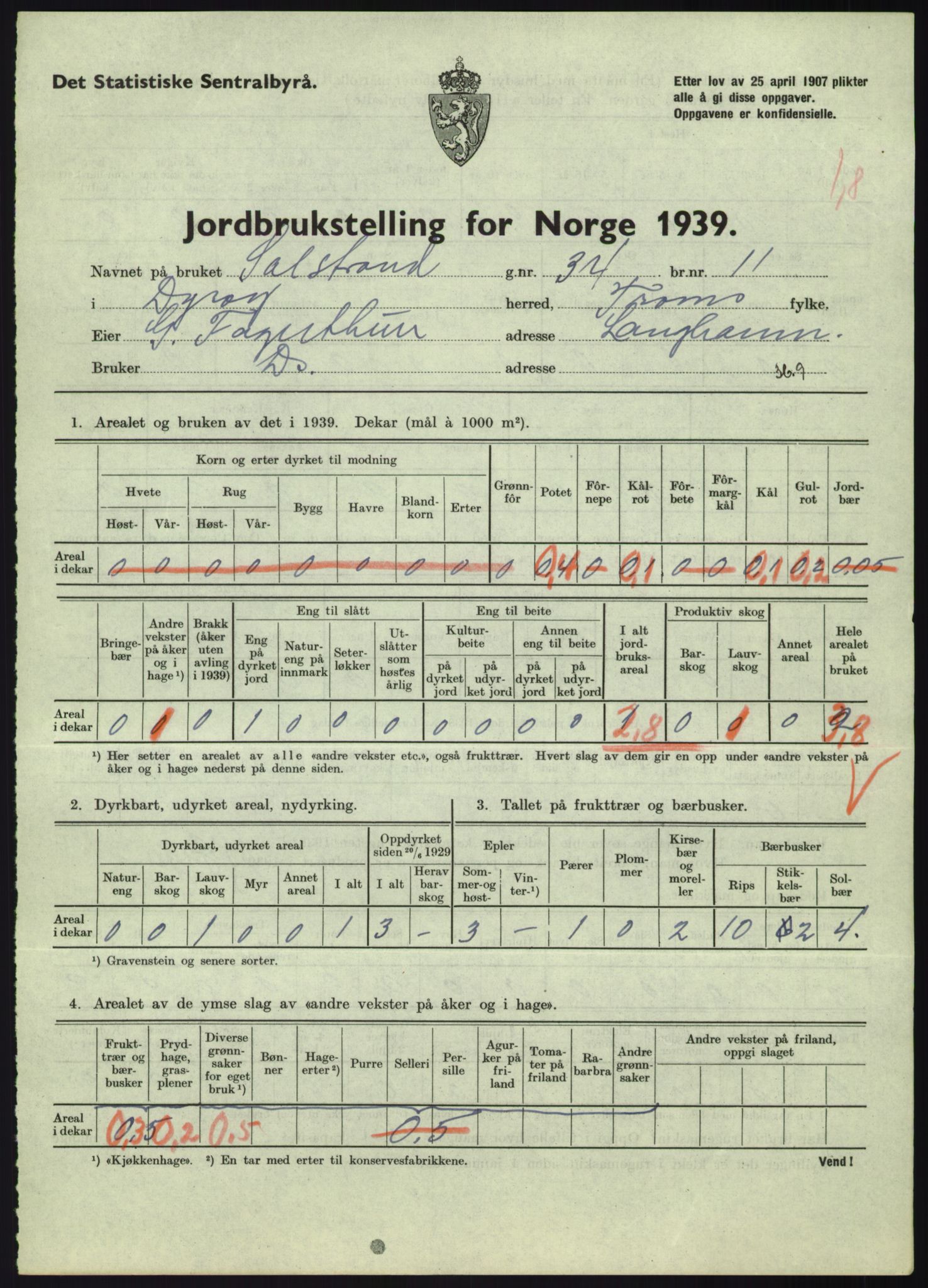 Statistisk sentralbyrå, Næringsøkonomiske emner, Jordbruk, skogbruk, jakt, fiske og fangst, AV/RA-S-2234/G/Gb/L0340: Troms: Salangen og Dyrøy, 1939, s. 861