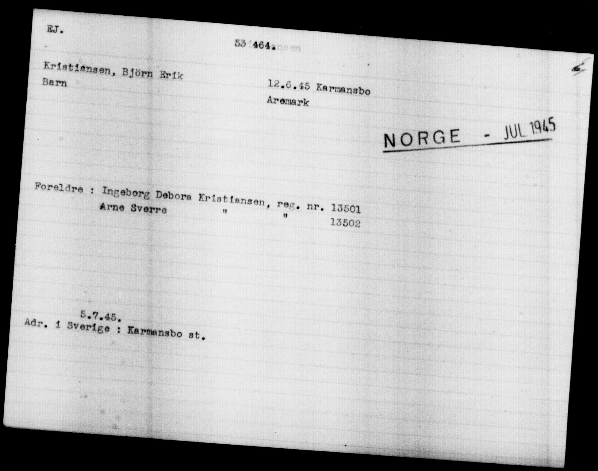 Utenriksstasjonene, Legasjonen i Stockholm, Flyktningkontoret, AV/RA-S-6753/V/Va/L0019: Kjesäterkartoteket, flyktninger med registreringsnr. 49600-55060, 1940-1945, s. 2927