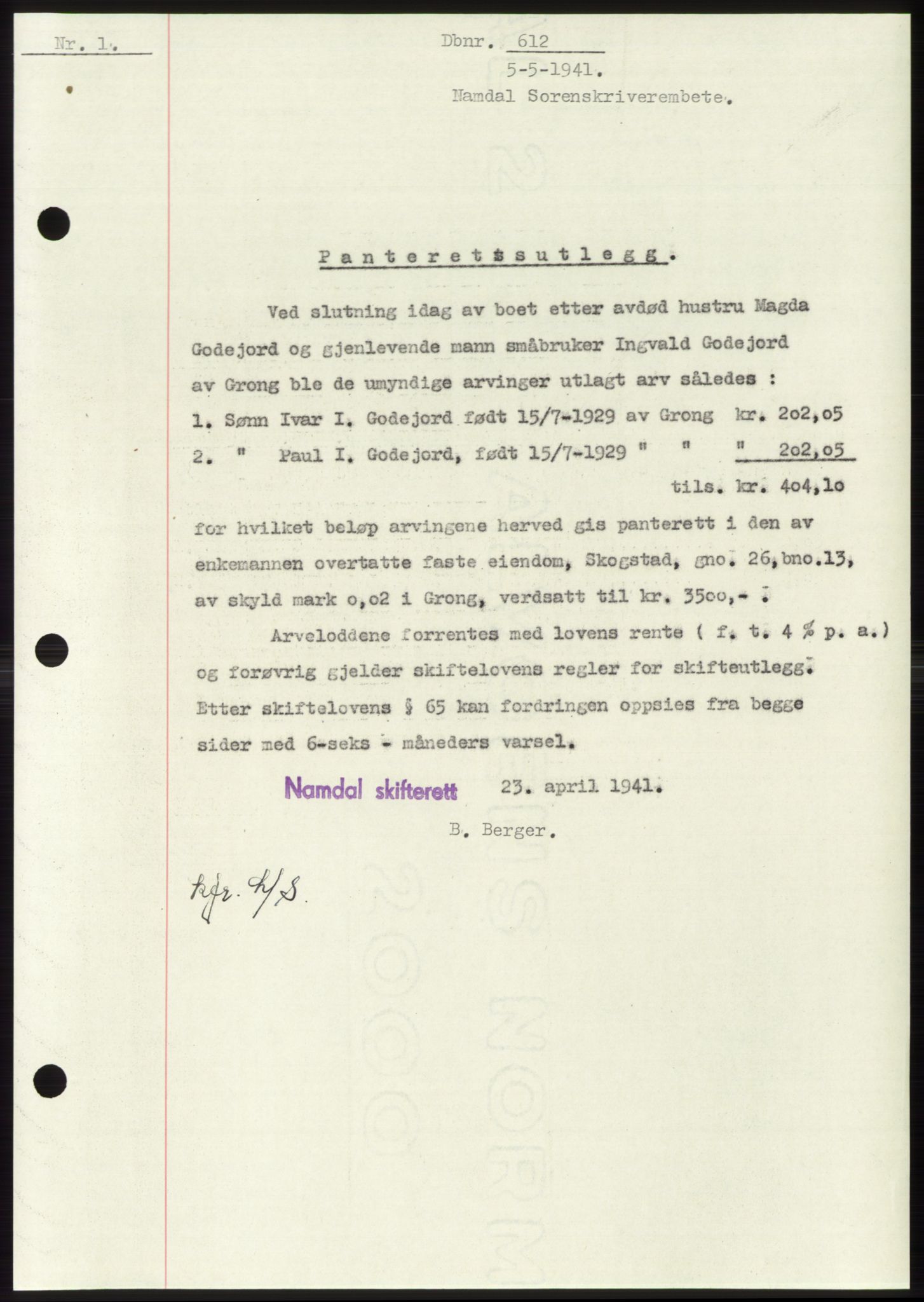 Namdal sorenskriveri, SAT/A-4133/1/2/2C: Pantebok nr. -, 1940-1941, Tingl.dato: 05.05.1941